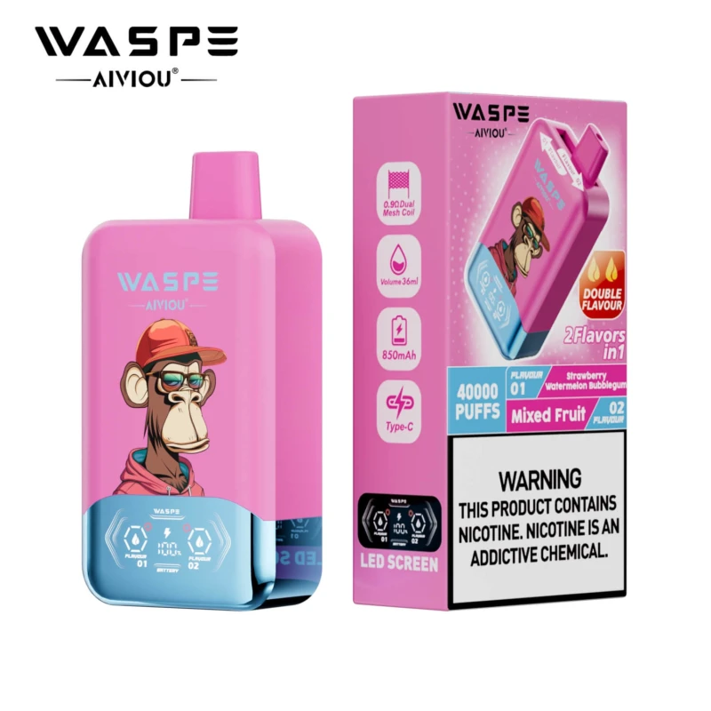 WASPE 40000 Puffs 2 in 1 Disposable Vape, Strawberry Watermelon Bubblegum & Mixed Fruit Flavor, 40K Puffs Dual Flavor Vape with LED Screen, Type-C Rechargeable Vape Wholesale EU