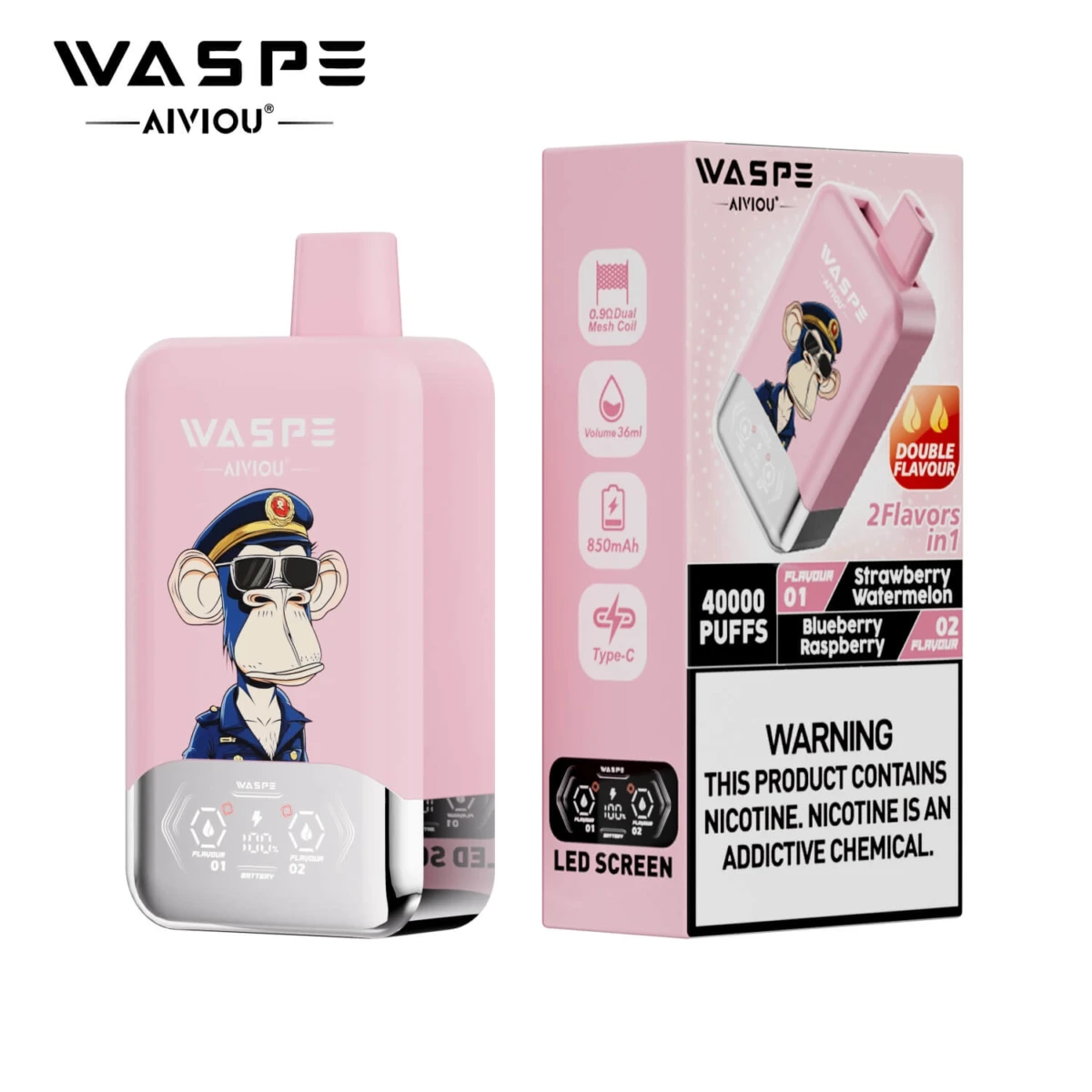 WASPE 40000 Puffs 2 in 1 Disposable Vape, Strawberry Watermelon & Blueberry Raspberry Flavor, 40K Puffs Dual Flavor Vape with LED Screen, Type-C Rechargeable Vape Wholesale EU