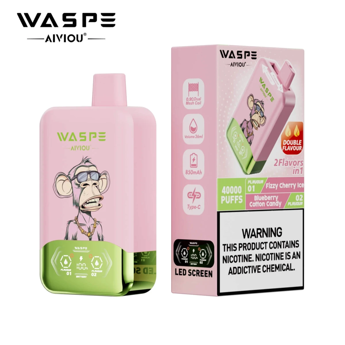 WASPE 40000 Puffs 2 in 1 Disposable Vape, Fizzy Cherry Ice & Blueberry Cotton Candy Flavor, 40K Puffs Dual Flavor Vape with LED Screen, Type-C Rechargeable