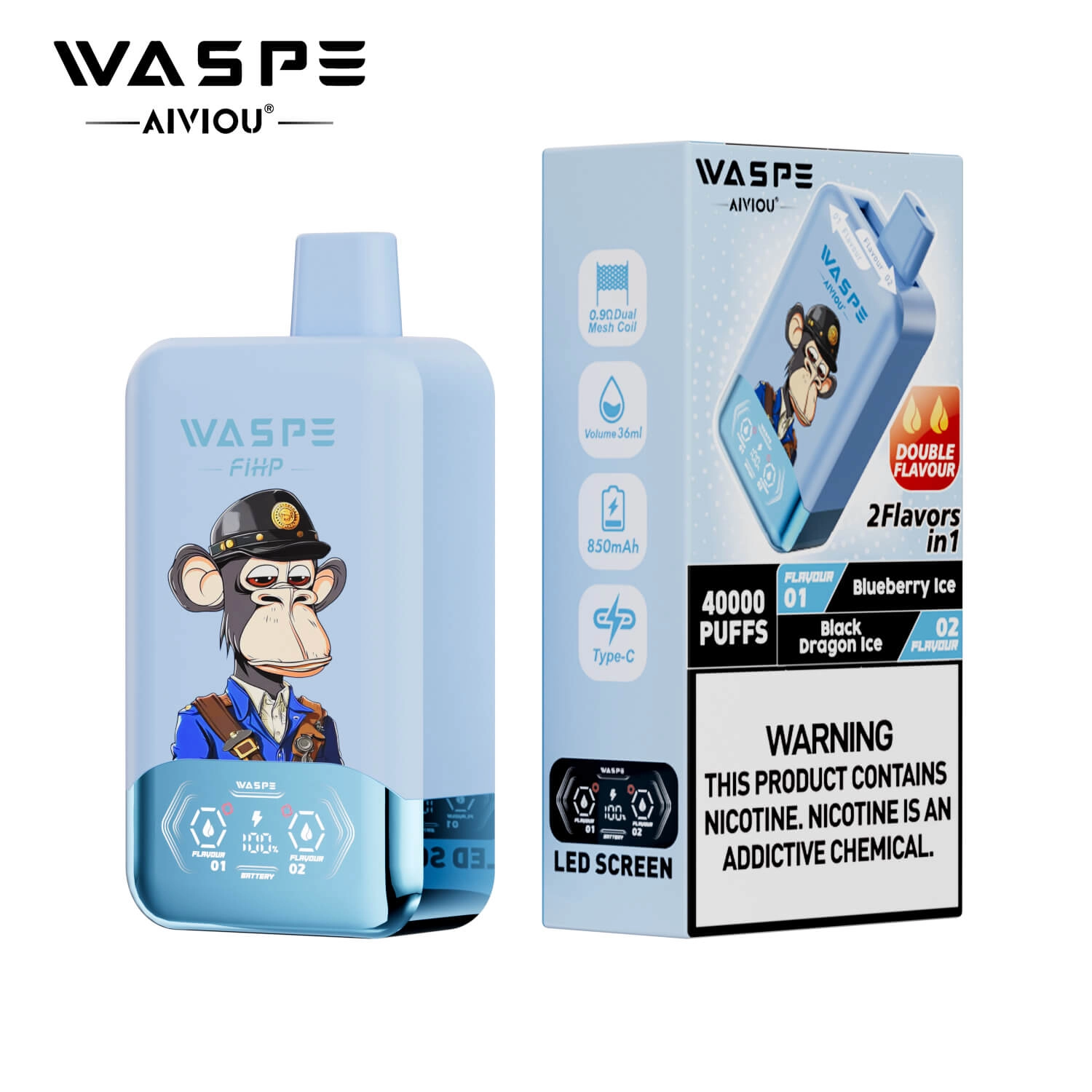 WASPE 40000 Puffs 2 in 1 Disposable Vape, Blueberry Ice & Black Dragon Ice Flavor, 40K Puffs Dual Flavor Vape with LED Screen, Type-C Rechargeable EU
