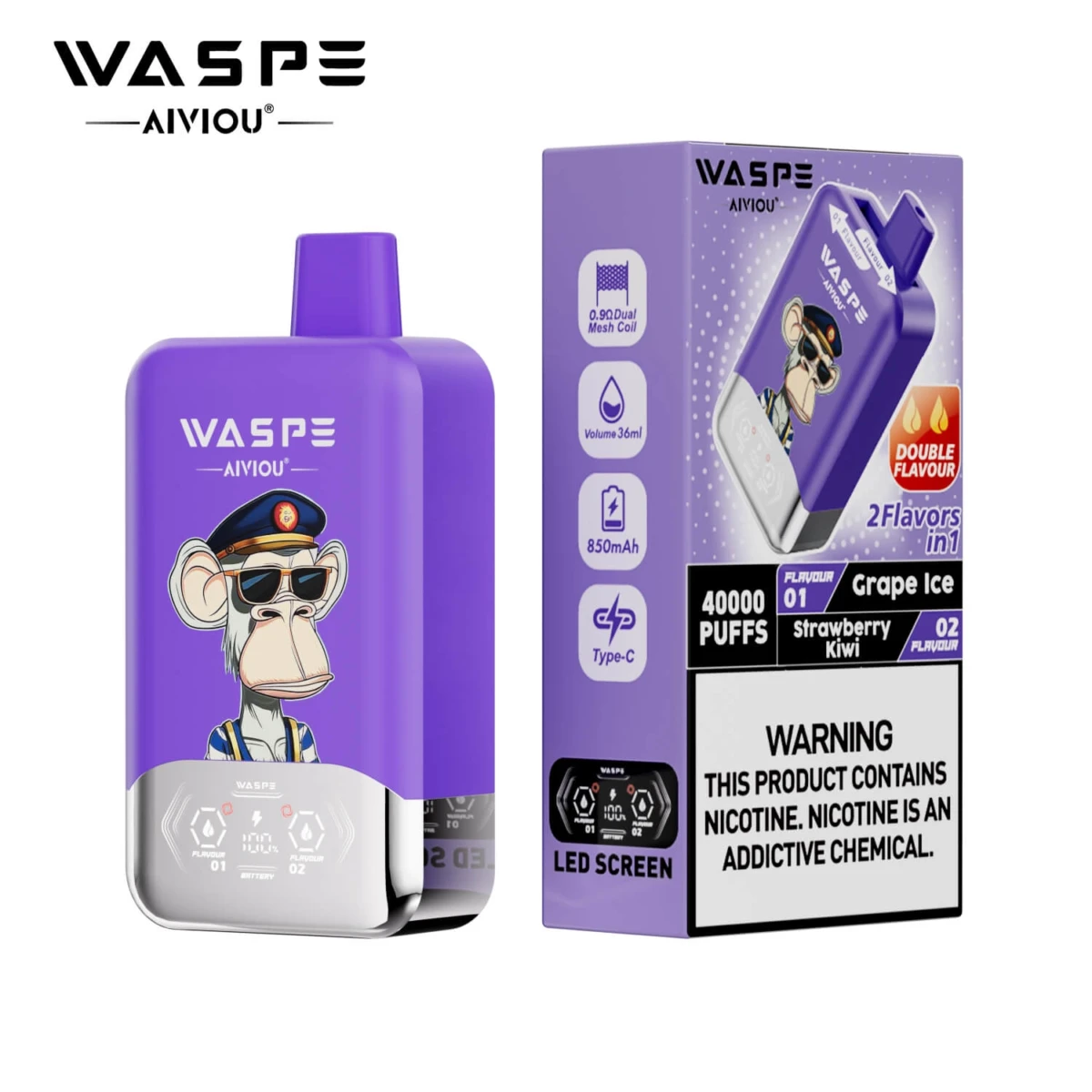 WASPE 40000 Puffs 2 in 1 Disposable Vape, Grape Ice & Strawberry Kiwi Flavor, 40K Puffs Dual Flavor Vape, 850mAh Type-C Rechargeable EU Wholesale Supplier