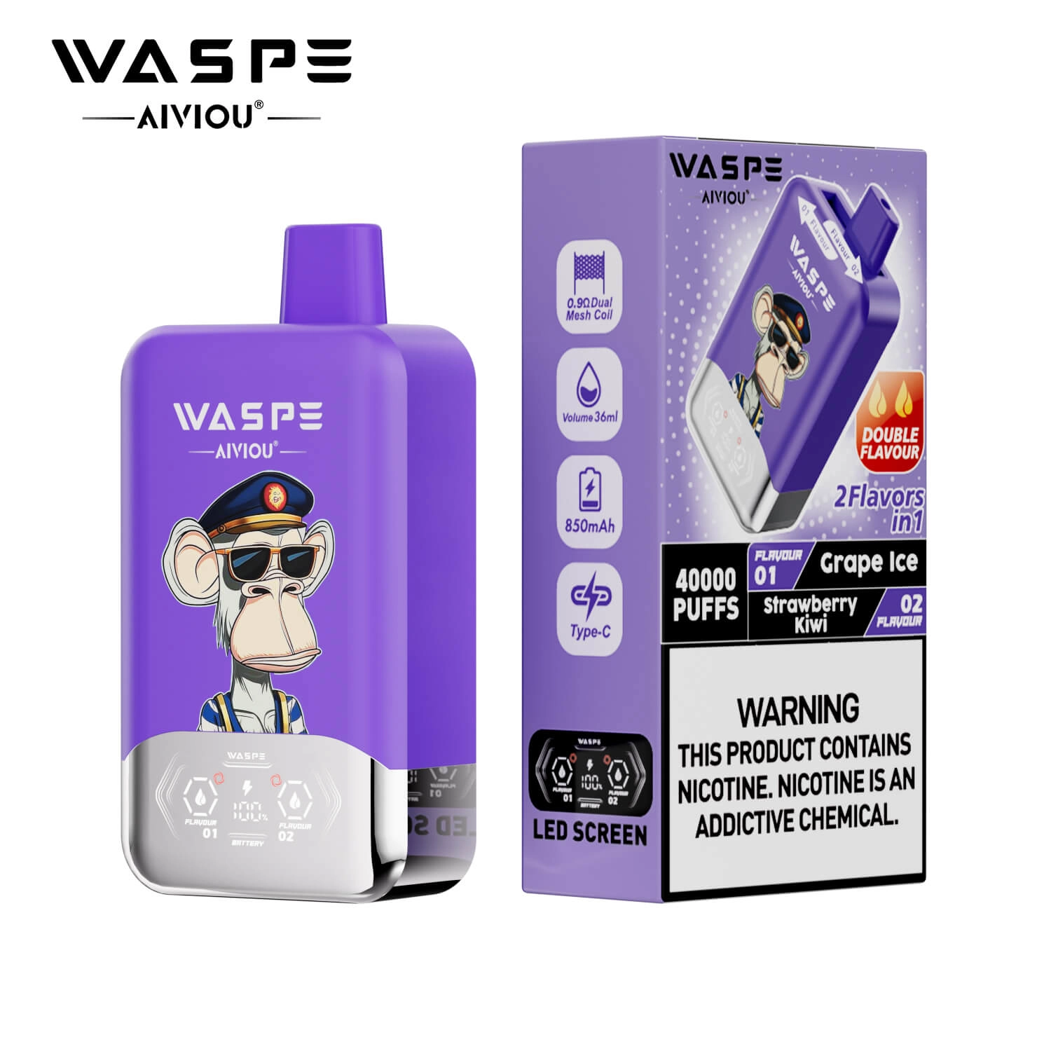 WASPE 40000 Puffs 2 in 1 Disposable Vape, Grape Ice & Strawberry Kiwi Flavor, 40K Puffs Dual Flavor Vape, 850mAh Type-C Rechargeable EU Wholesale Supplier