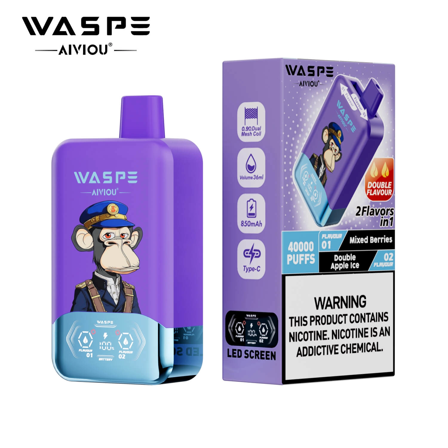 WASPE 40000 Puffs 2 in 1 Disposable Vape, Mixed Berries & Double Apple Ice Flavor, 40K Puffs Dual Flavor Vape with LED Screen, Type-C Rechargeable EU Wholesale