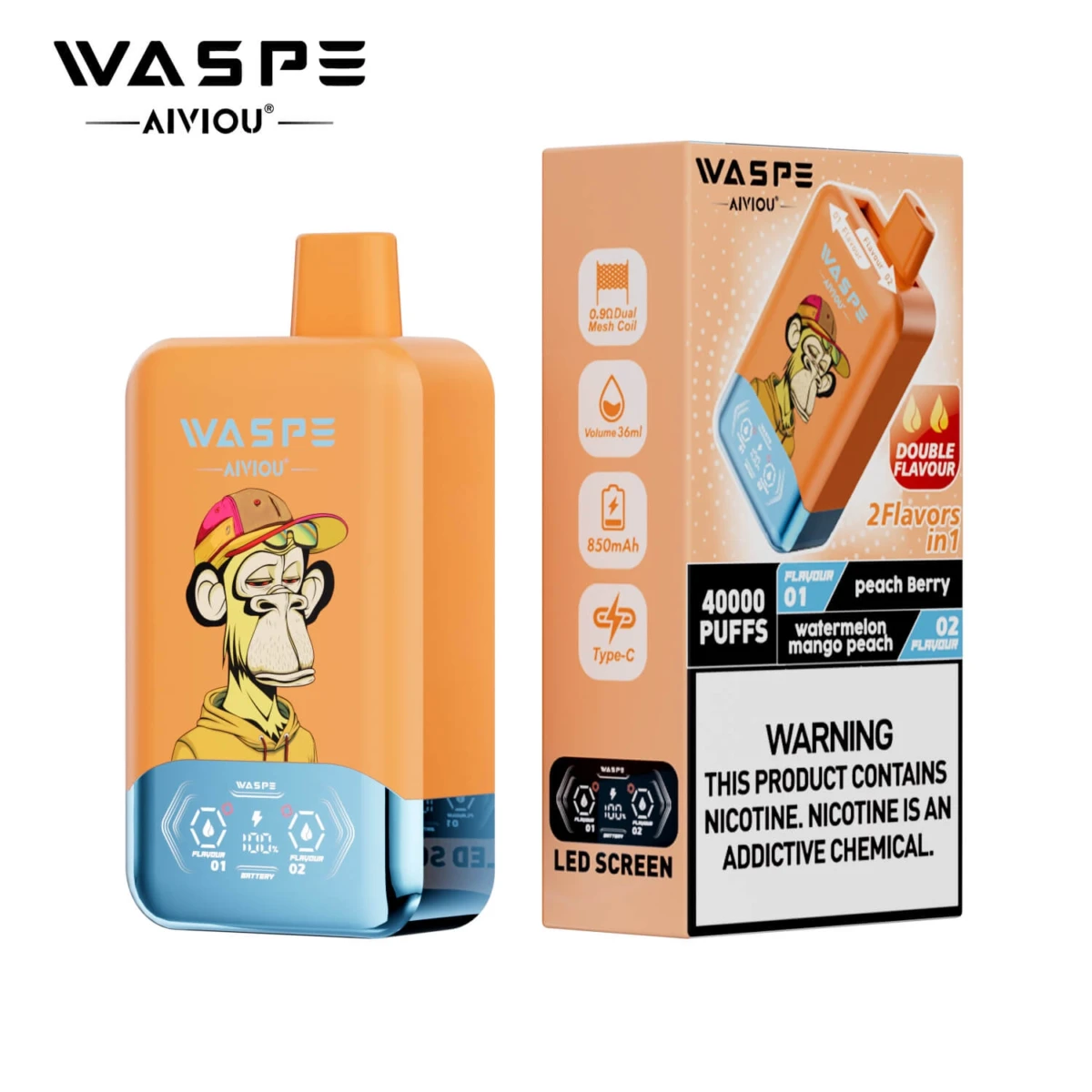 WASPE 40000 Puffs 2 in 1 Disposable Vape, Peach Berry & Watermelon Mango Peach Flavor, 40K Puffs Dual Flavor Vape, Type-C Rechargeable Vape Supplier EU
