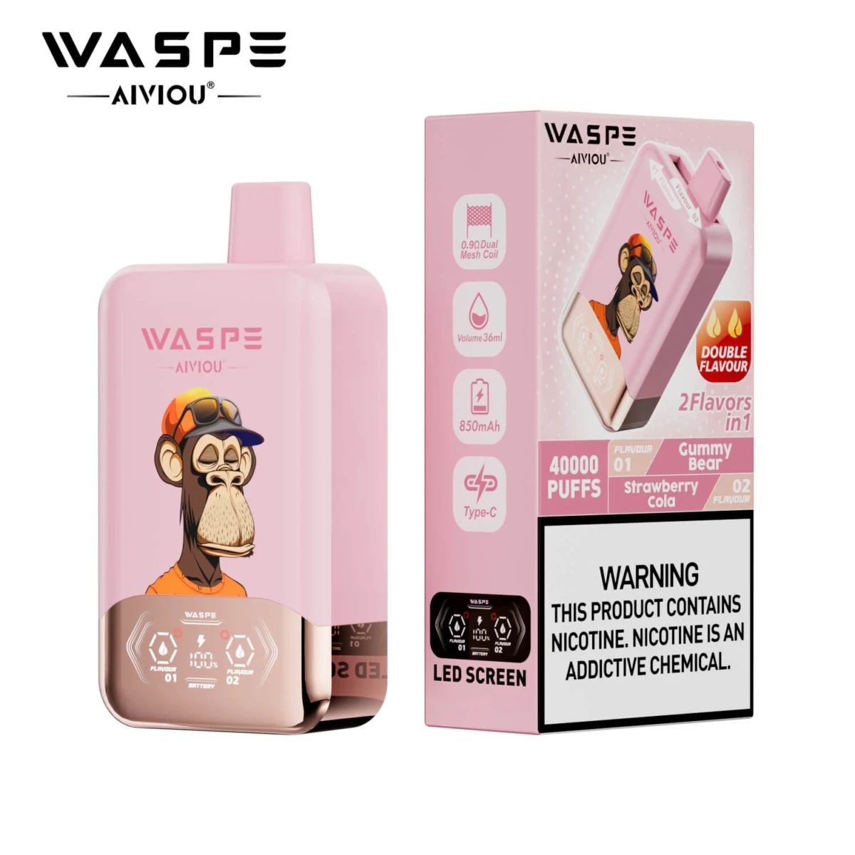 WASPE 40000 Puffs 2 in 1 Disposable Vape, Gummy Bear & Strawberry Cola Flavor, 40K Puffs Dual Flavor Vape with LED Display, Type-C Rechargeable