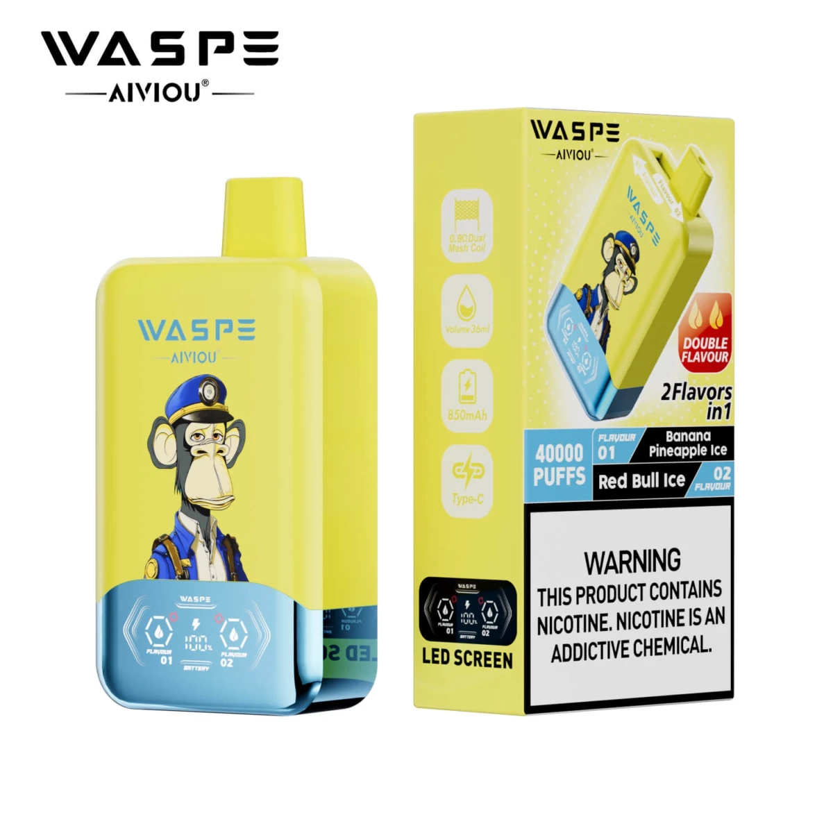WASPE 40000 Puffs 2 in 1 Disposable Vape, Banana Pineapple Ice & Red Bull Ice Flavor, 40K Puffs Dual Flavor Vape, 850mAh Type-C Rechargeable EU