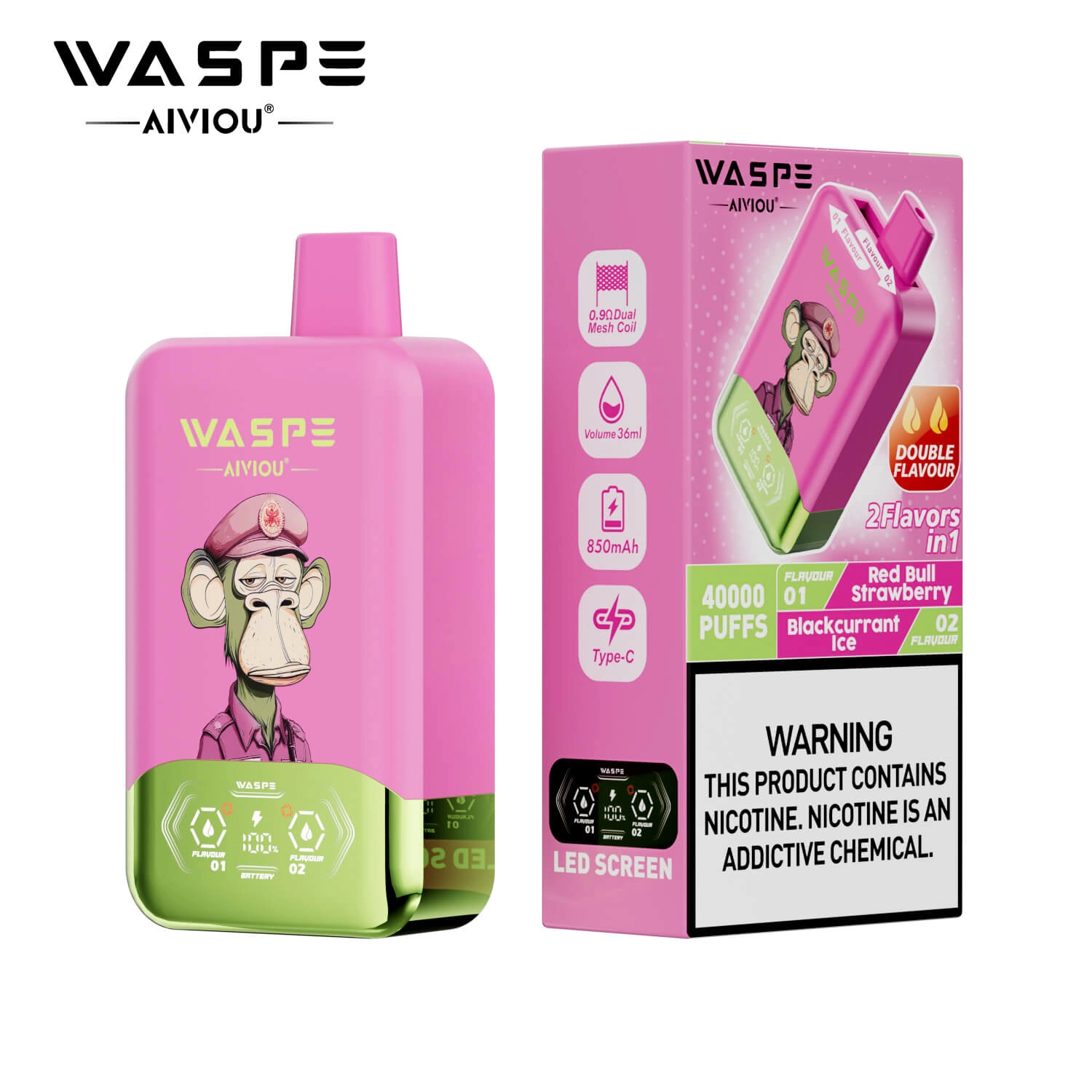 WASPE 40000 Puffs 2 in 1 Disposable Vape, Red Bull Strawberry & Blackcurrant Ice Flavor, 40K Puffs Dual Flavor Vape with LED Screen, Type-C Rechargeable Wholesale
