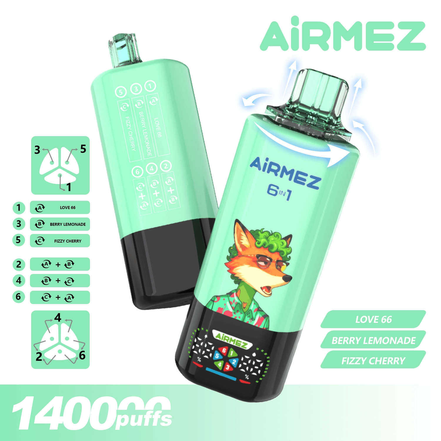 AIRMEZ 6-in-1 140000 Disposable Vape, Love 66 Berry Lemonade Fizzy Cherry, 140000 Puffs, Fox Design, Bulk Vape
