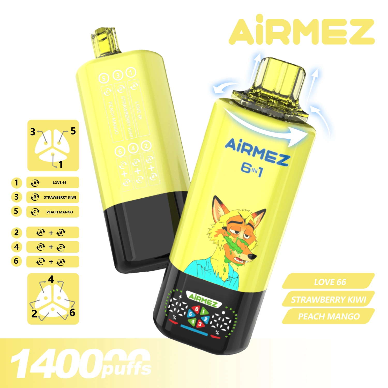 AIRMEZ 6-in-1 140000 Disposable Vape, Love 66 Strawberry Kiwi Peach Mango, 140000 Puffs, Fox Design, Bulk E-Cig