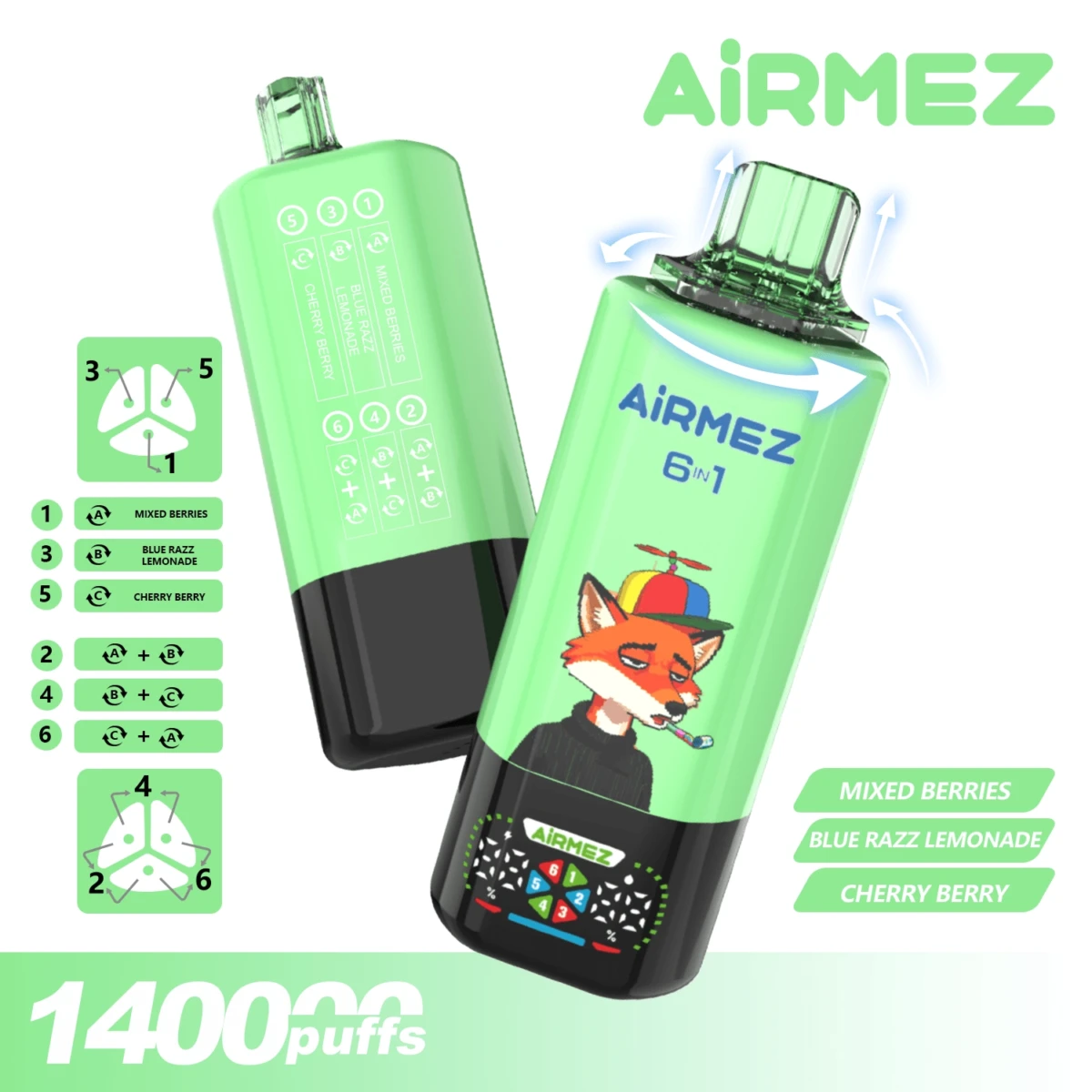 AIRMEZ 6-in-1 140000 Disposable Vape, Mixed Berries Blue Razz Lemonade Cherry Berry, 140000 Puffs, Fox Design, Bulk Vape