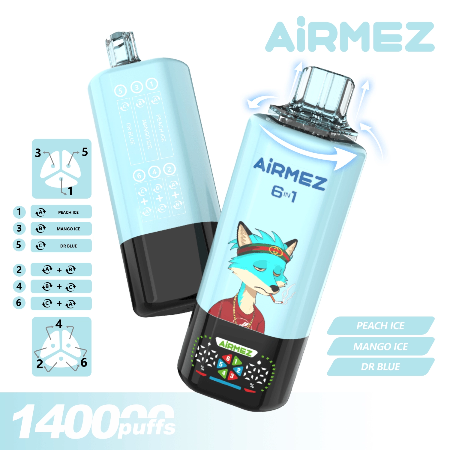 AIRMEZ 6-in-1 140000 Disposable Vape, Peach Ice Mango Ice Dr Blue, 140000 Puffs, Fox Design, Bulk E-Cig