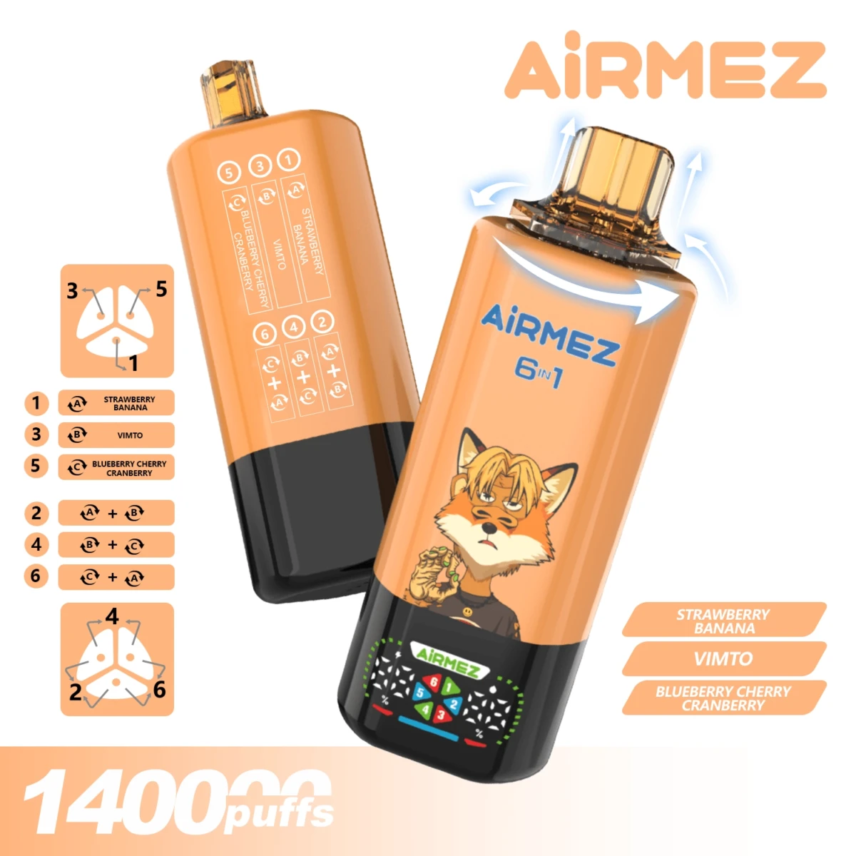AIRMEZ 6-in-1 140000 Disposable Vape, Strawberry Banana Vimto Blueberry Cherry Cranberry, 140000 Puffs, Fox Design, Bulk Vape