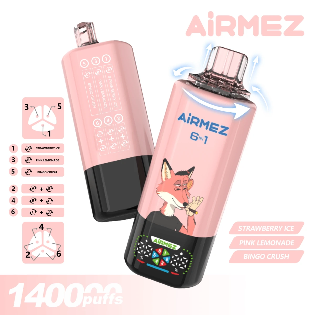 AIRMEZ 6-in-1 140000 Disposable Vape, Strawberry Ice Pink Lemonade Bingo Crush, 140000 Puffs, Fox Design, Bulk Wholesale E-Cig