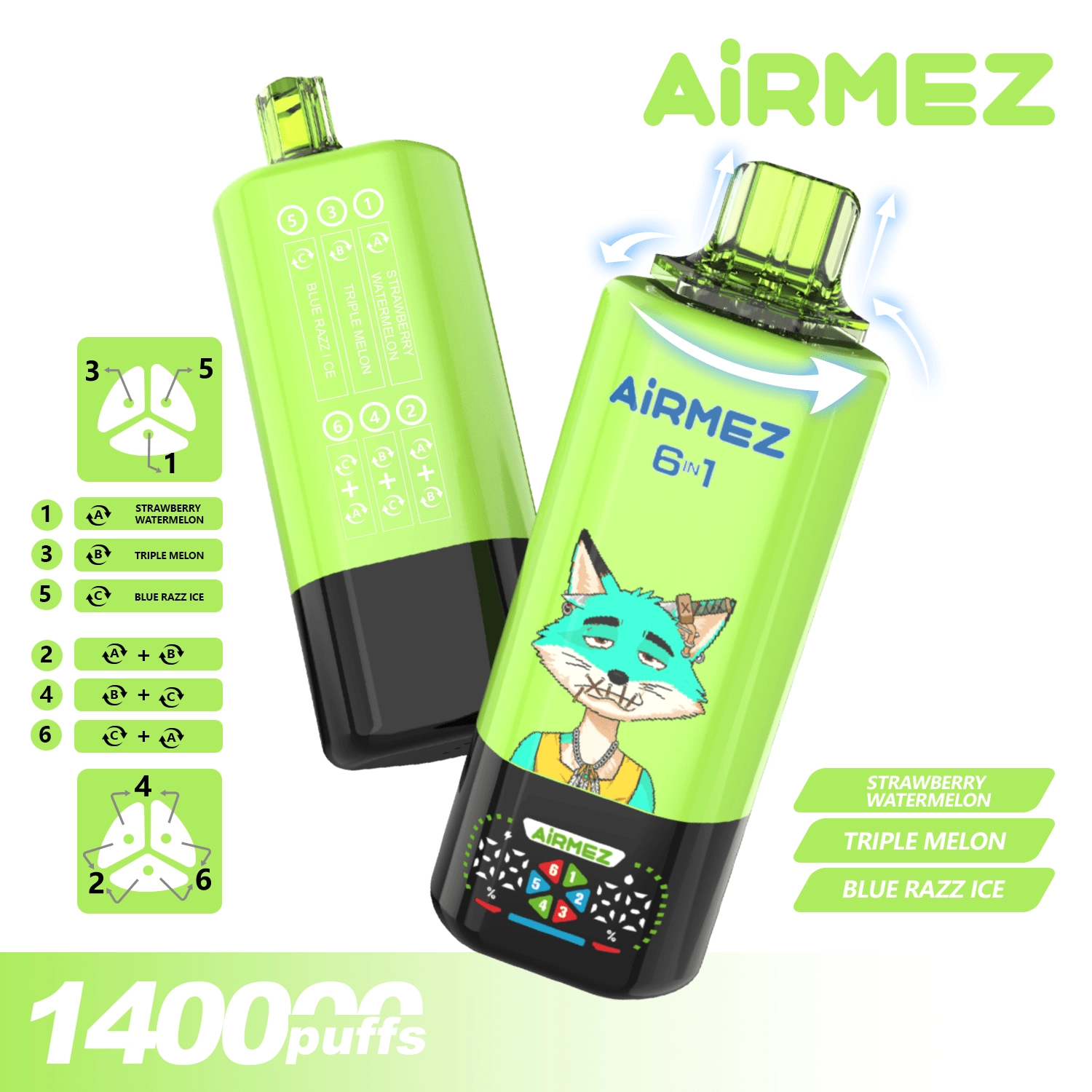AIRMEZ 6-in-1 140000 Disposable Vape, Strawberry Watermelon Triple Melon Blue Razz Ice, 140000 Puffs, Fox Design, Bulk Vape Wholesale