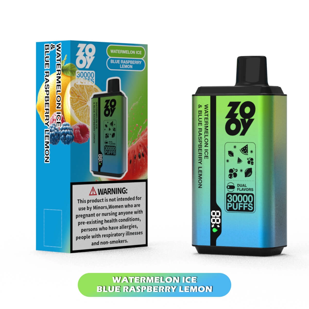 ZOOY 30000 puffs Watermelon Ice Blue Raspberry Lemon 2 in 1 disposable vape device and packaging