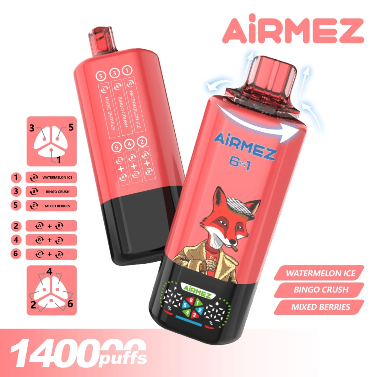 AIRMEZ 6-in-1 140000 Disposable Vape, Watermelon Ice Bingo Crush Mixed Berries, 140000 Puffs, Fox Design, Bulk E-Cig