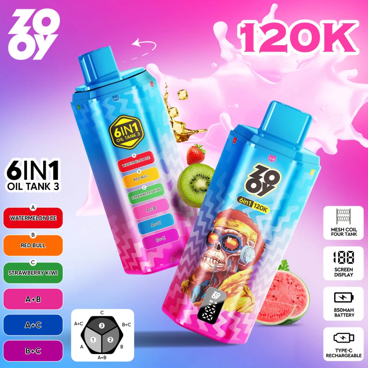 zooy 120k 6 in 1 disposable vape watermelon ice red bull strawberry kiwi 120000 puffs