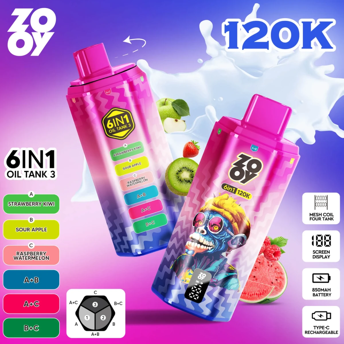 zooy 120k 6 in 1 disposable vape strawberry kiwi sour apple raspberry watermelon 120000 puffs