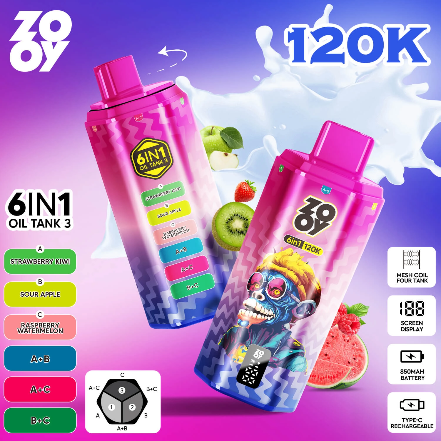 zooy 120k 6 in 1 disposable vape strawberry kiwi sour apple raspberry watermelon 120000 puffs