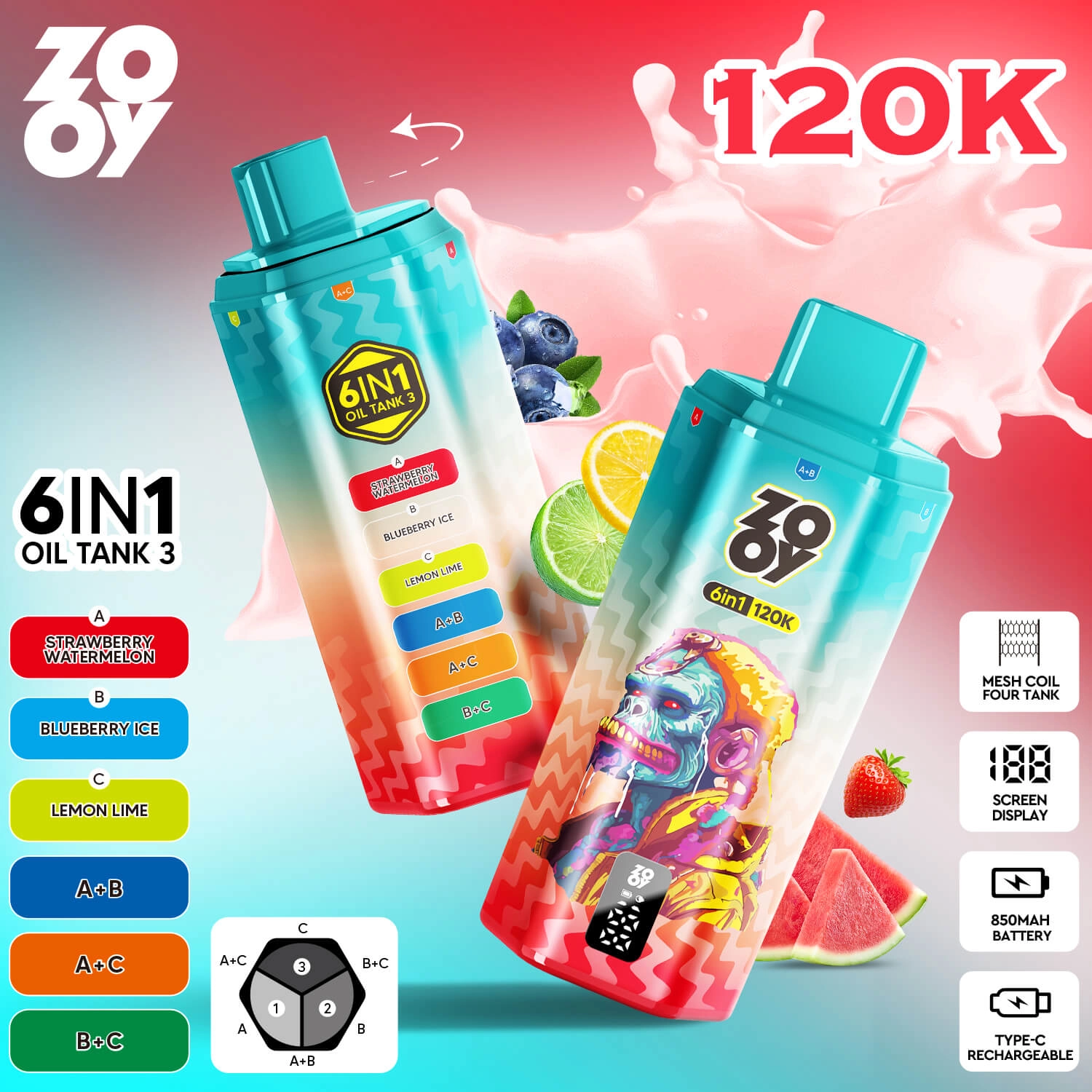 zooy 120k 6 in 1 disposable vape strawberry watermelon blueberry ice lemon lime 120000 puffs