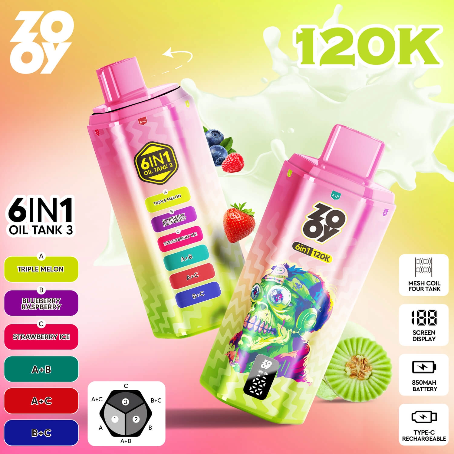 zooy 120k 6 in 1 disposable vape triple melon blueberry raspberry strawberry ice 120000 puffs