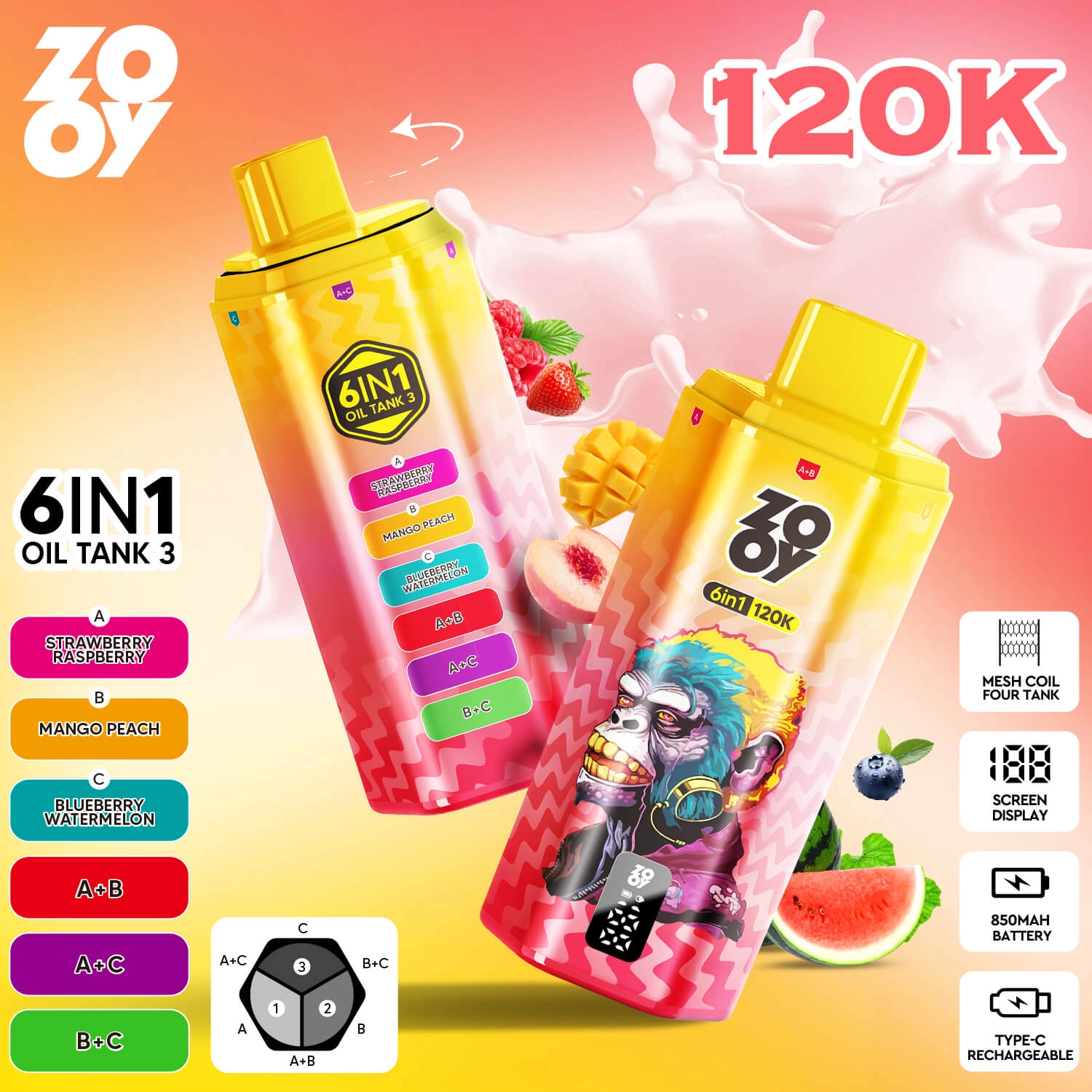 zooy 120k 6 in 1 disposable vape strawberry raspberry mango peach blueberry watermelon 120000 puffs