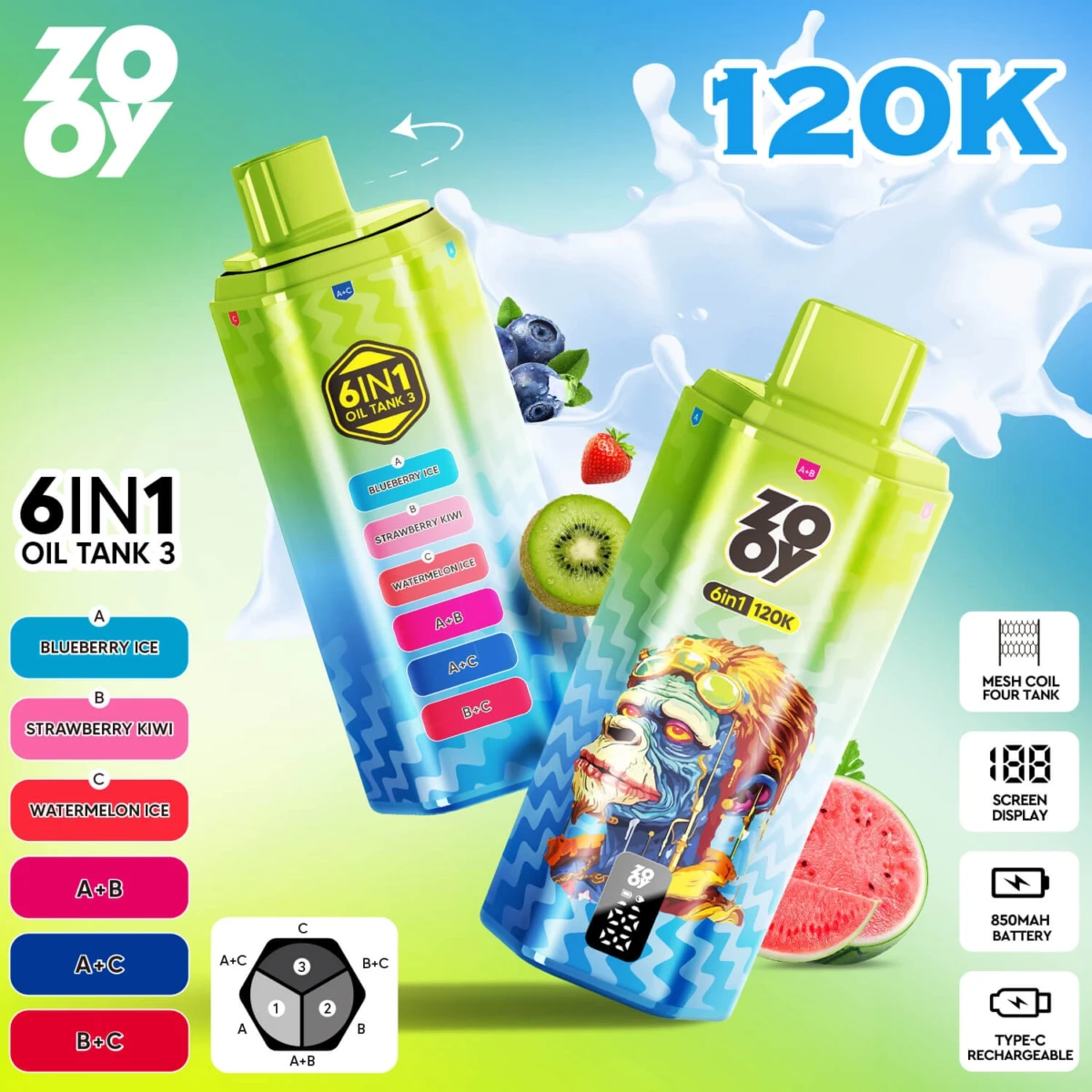 zooy 120k 6 in 1 disposable vape blueberry ice strawberry kiwi watermelon ice 120000 puffs