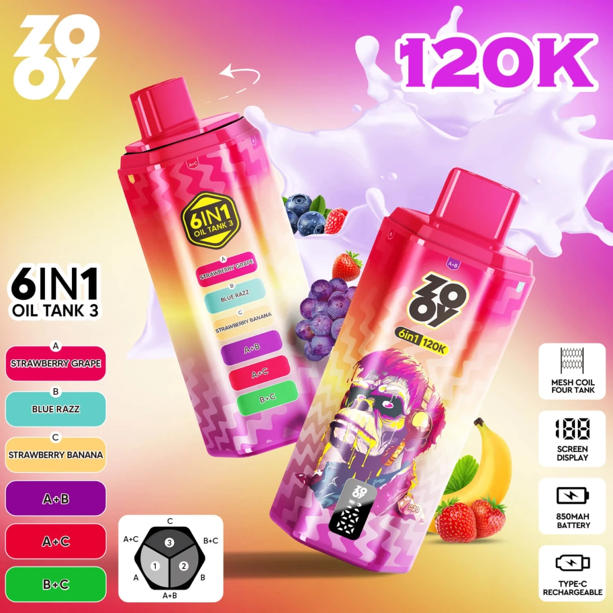 zooy 120k 6 in 1 disposable vape strawberry grape blue razz strawberry banana 120000 puffs