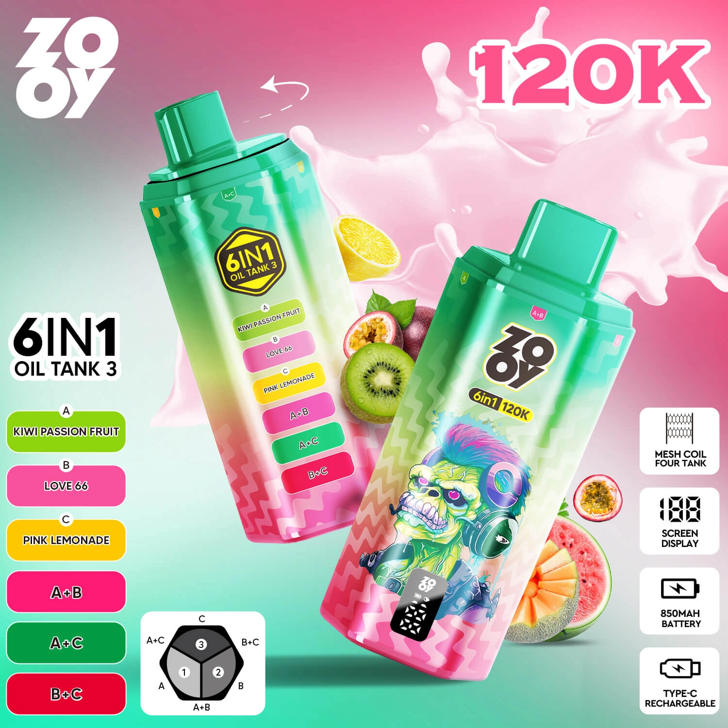 zooy 120k 6 in 1 disposable vape kiwi passion fruit love 66 pink lemonade 120000 puffs