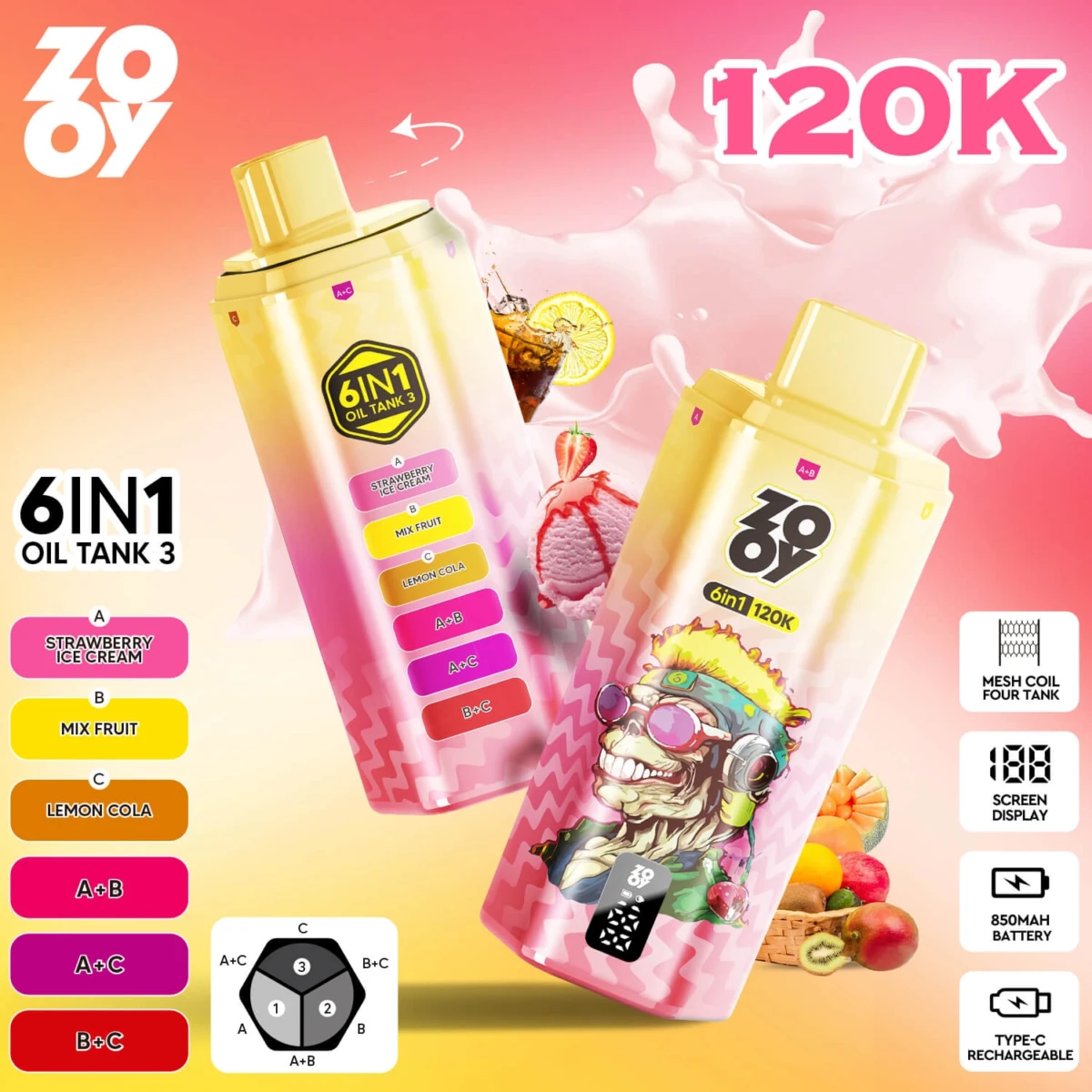 zooy 120k 6 in 1 disposable vape strawberry ice cream mix fruit lemon cola 120000 puffs