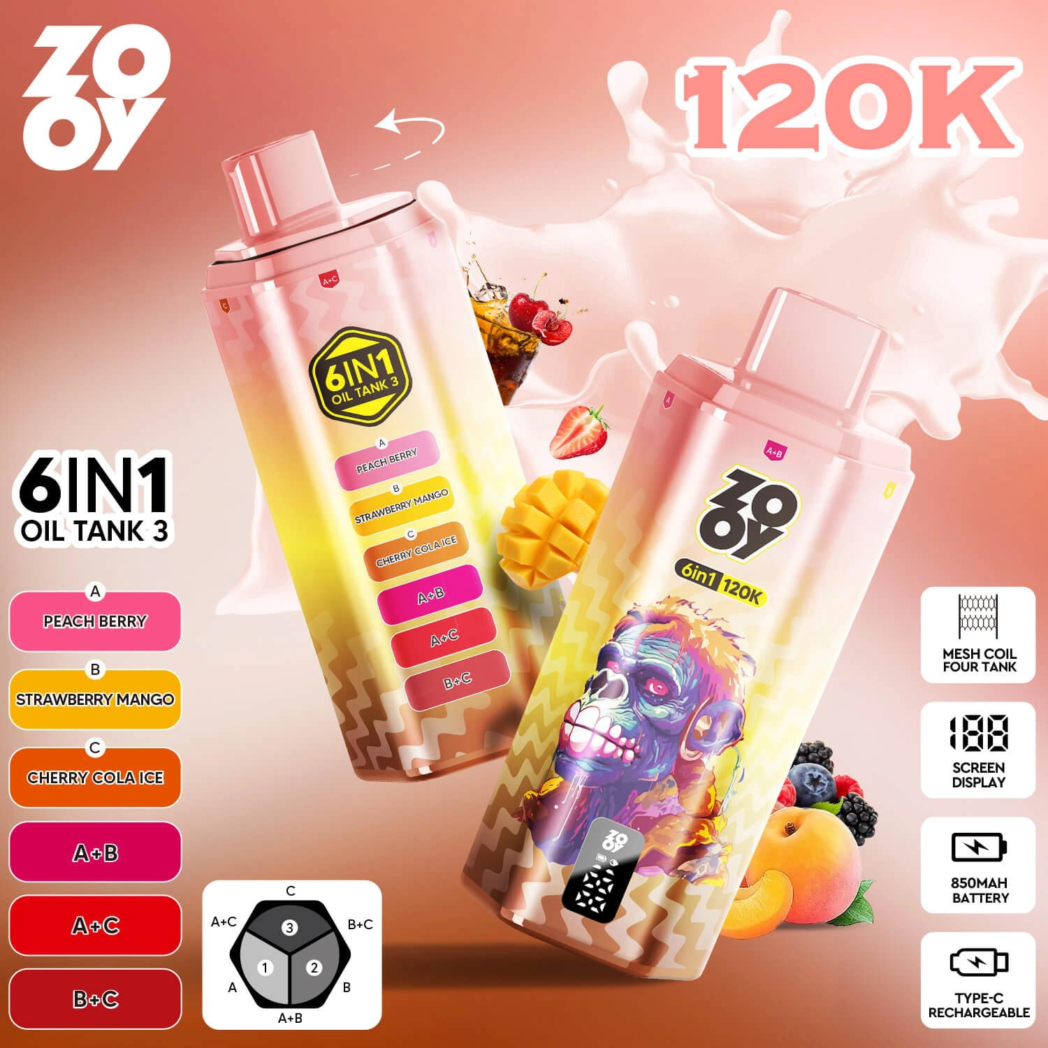 zooy 120k 6 in 1 disposable vape peach berry strawberry mango cherry cola ice 120000 puffs