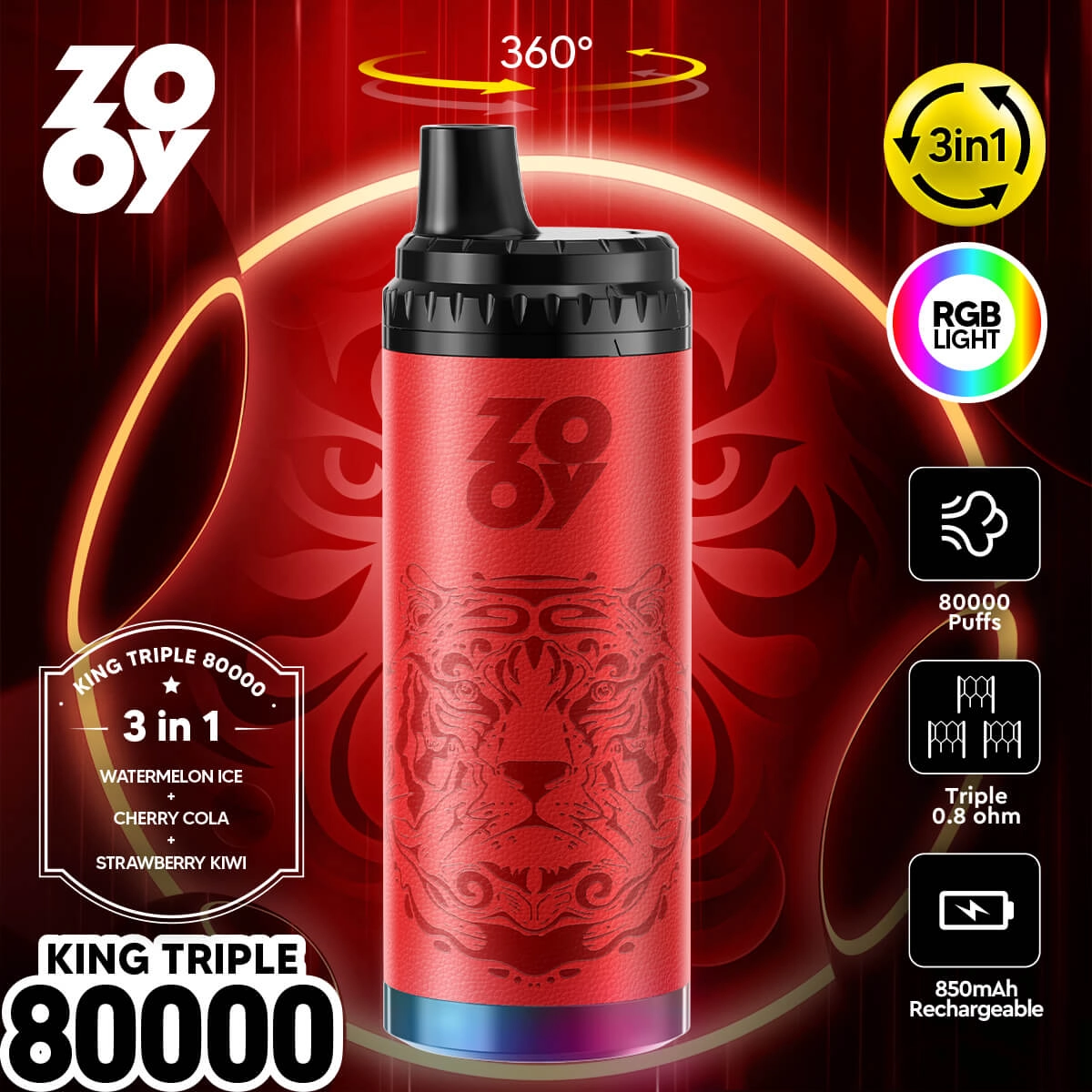 ZOOY King Triple 80000 Puffs 3-in-1 Disposable Vape, Red, Watermelon Ice Cherry Cola Strawberry Kiwi Flavors, 850mAh Rechargeable, RGB Light