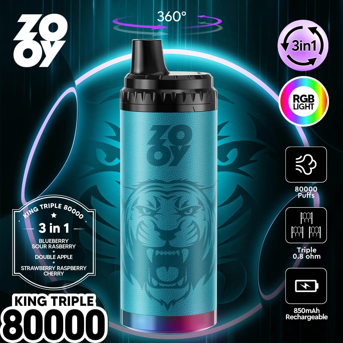 ZOOY King Triple 80000 Puffs 3-in-1 Disposable Vape, Teal, Blueberry Sour Raspberry Double Apple Strawberry Raspberry Cherry Flavors, RGB Light