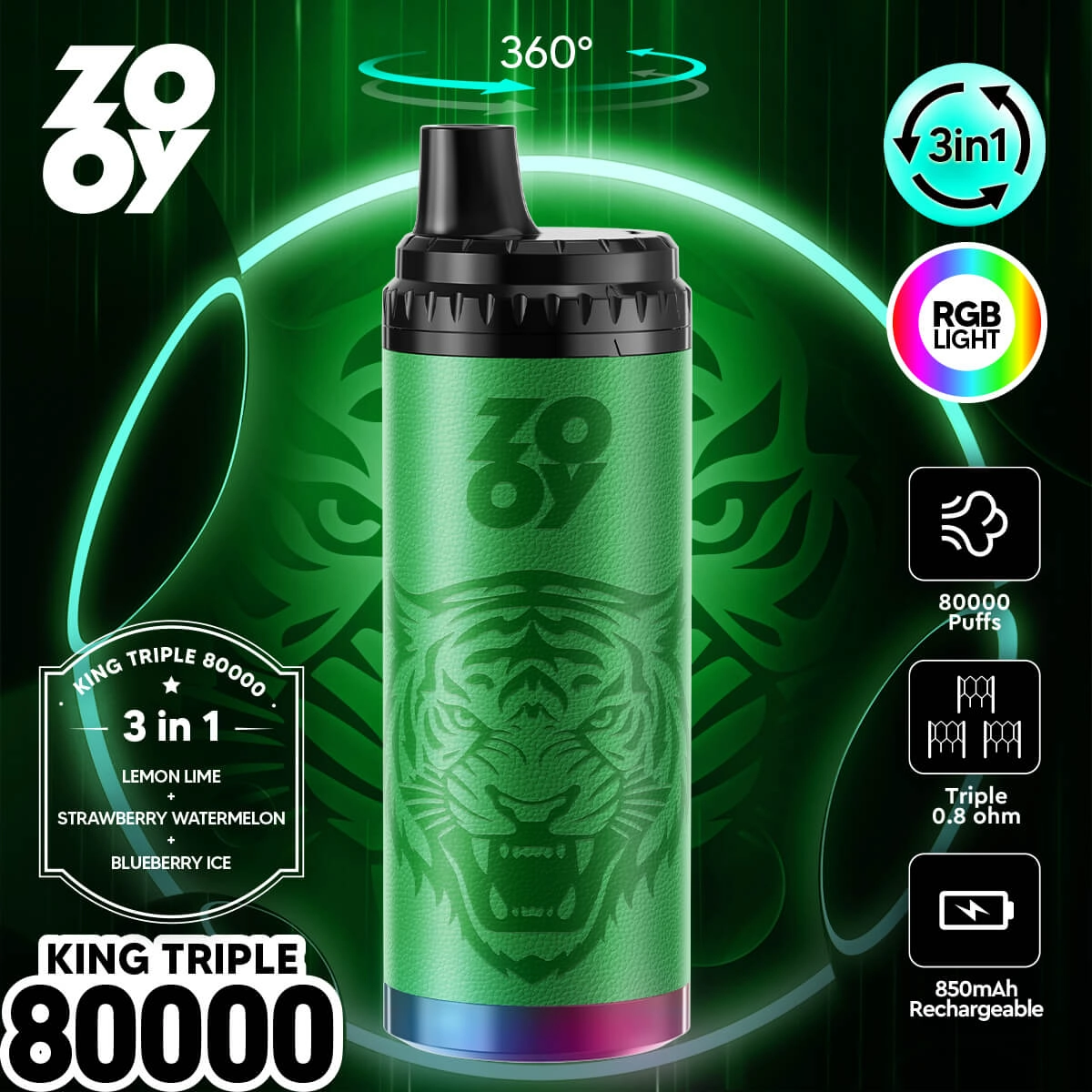 ZOOY King Triple 80000 Puffs 3-in-1 Disposable Vape, Green, Lemon Lime Strawberry Watermelon Blueberry Ice Flavors, 850mAh Rechargeable