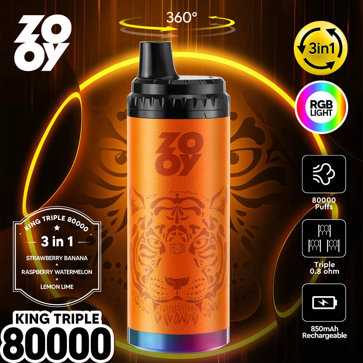ZOOY King Triple 80000 Puffs 3-in-1 Disposable Vape, Orange, Strawberry Banana Raspberry Watermelon Lemon Lime Flavors, RGB Light