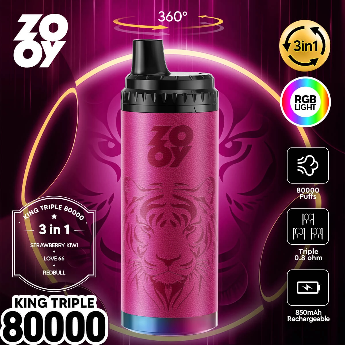 ZOOY King Triple 80000 Puffs 3-in-1 Disposable Vape, Pink Color, Strawberry Kiwi Love 66 Red Bull Flavors