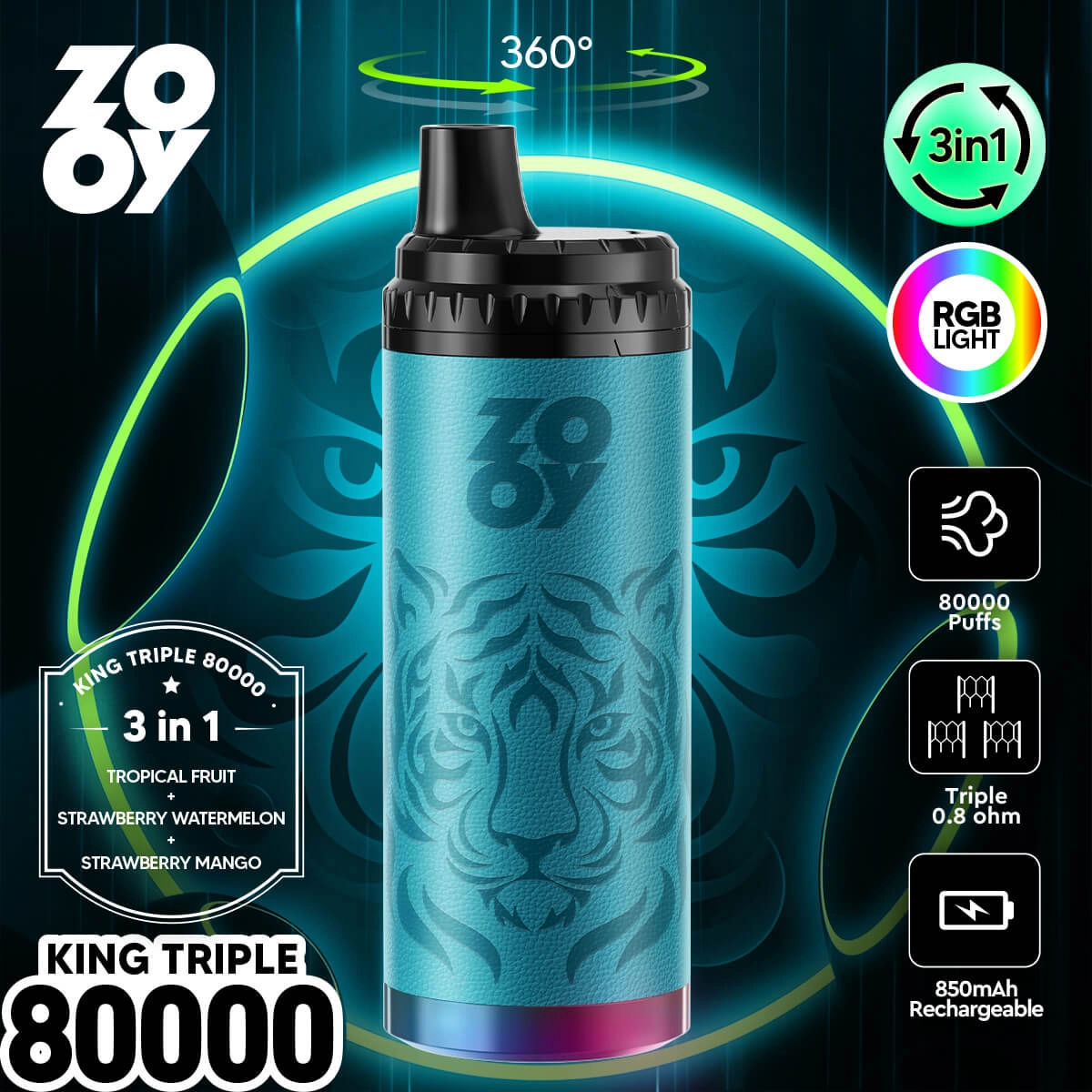 ZOOY King Triple 80000 Puffs 3-in-1 Disposable Vape, Teal, Tropical Fruit Strawberry Watermelon Strawberry Mango Flavors, 850mAh Rechargeable