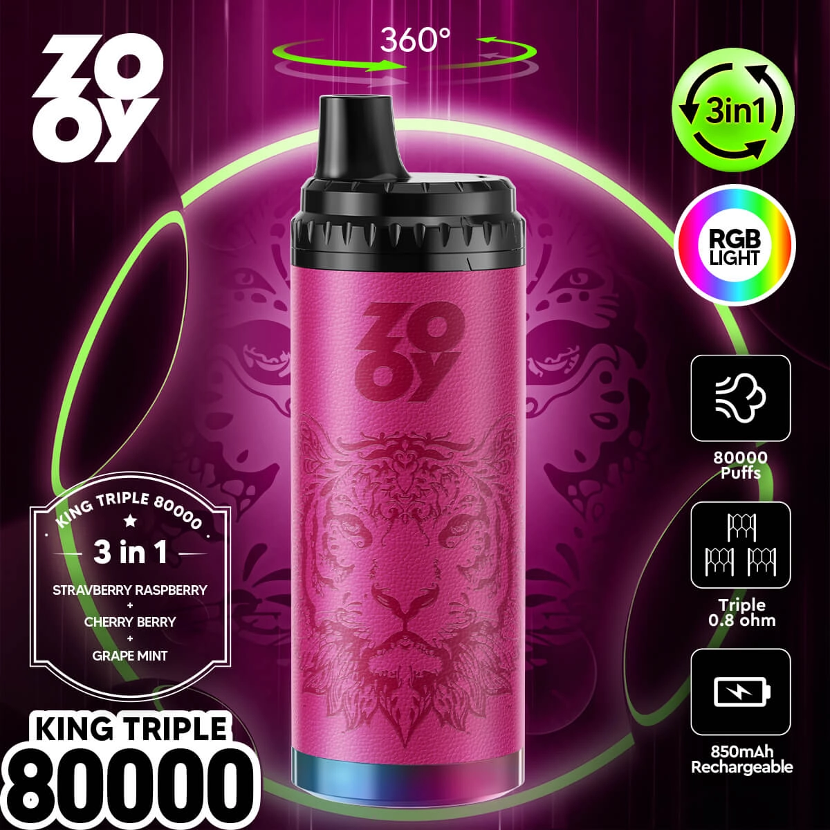 ZOOY King Triple 80000 Puffs 3-in-1 Disposable Vape, Pink, Strawberry Raspberry Cherry Berry Grape Mint Flavors, 850mAh Rechargeable, RGB Light