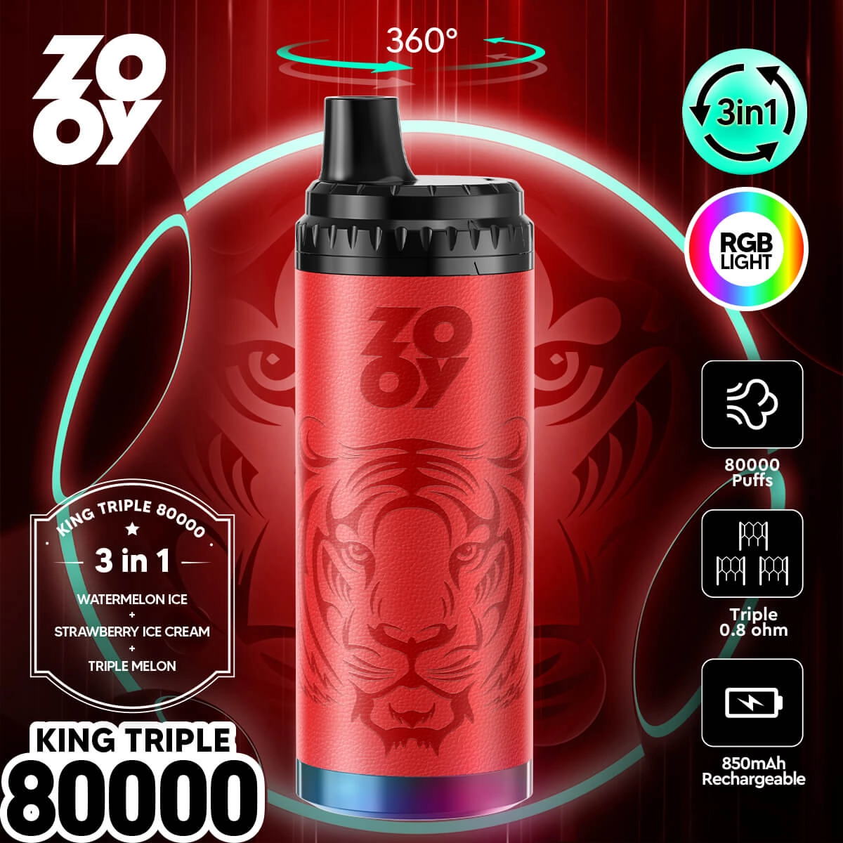 ZOOY King Triple 80000 Puffs 3-in-1 Disposable Vape, Red, Watermelon Ice Strawberry Ice Cream Triple Melon Flavors, 850mAh Rechargeable, RGB Light, Triple 0.8ohm Mesh Coil