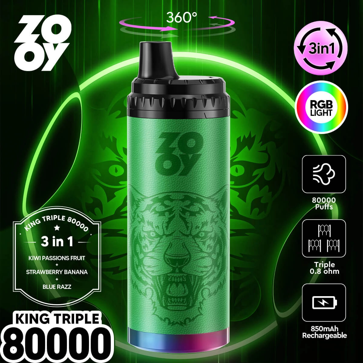 ZOOY King Triple 80000 Puffs 3-in-1 Disposable Vape, Green, Kiwi Passion Fruit Strawberry Banana Blue Razz Flavors, 850mAh Rechargeable, RGB Light