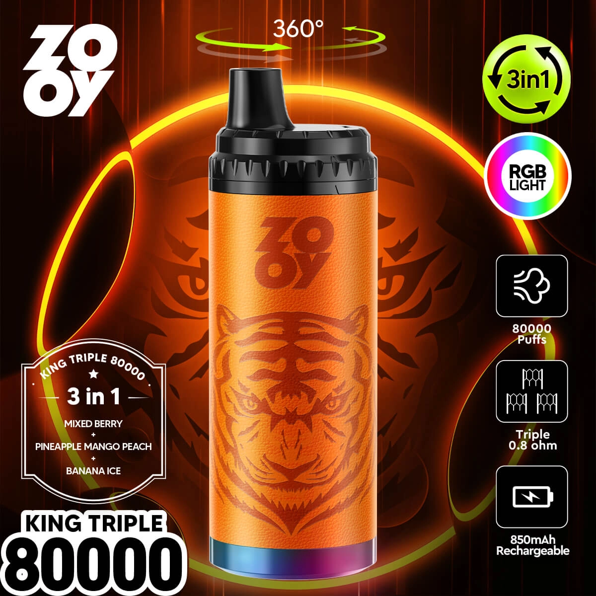 ZOOY King Triple 80000 Puffs 3-in-1 Disposable Vape, Orange, Mixed Berry Pineapple Mango Peach Banana Ice Flavors, 850mAh Rechargeable