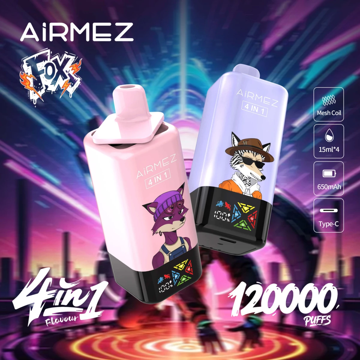 Airmez fox 4 in 1 120000 puffs disposable vape, 4 flavors in 1 device, mesh coil Type-C rechargeable bulk vape