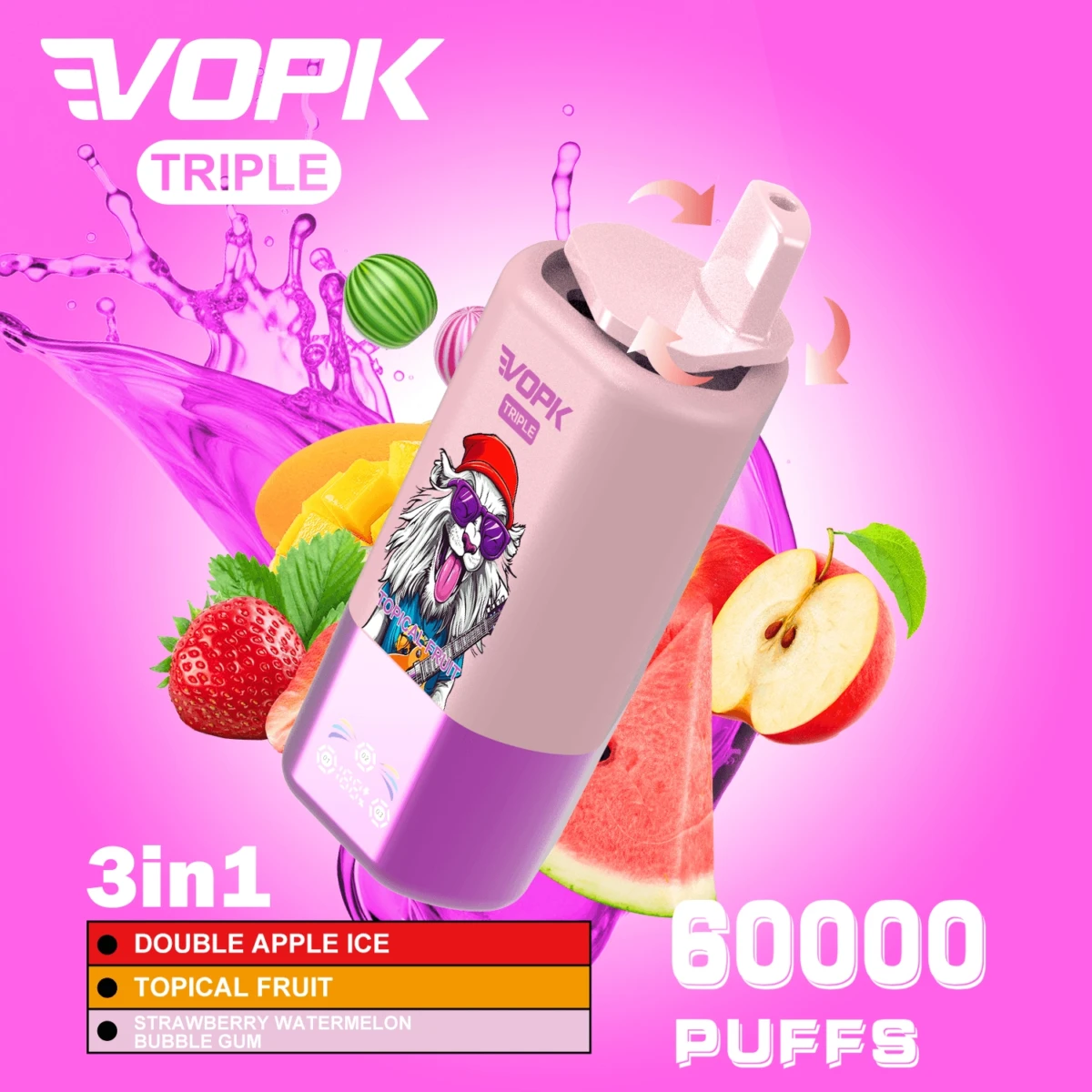 VOPK TRIPLE 60000 Puffs Disposable Vape, 3-in-1 Switch: Double Apple Ice Tropical Fruit Strawberry Watermelon Bubble Gum, Bulk E-Cig