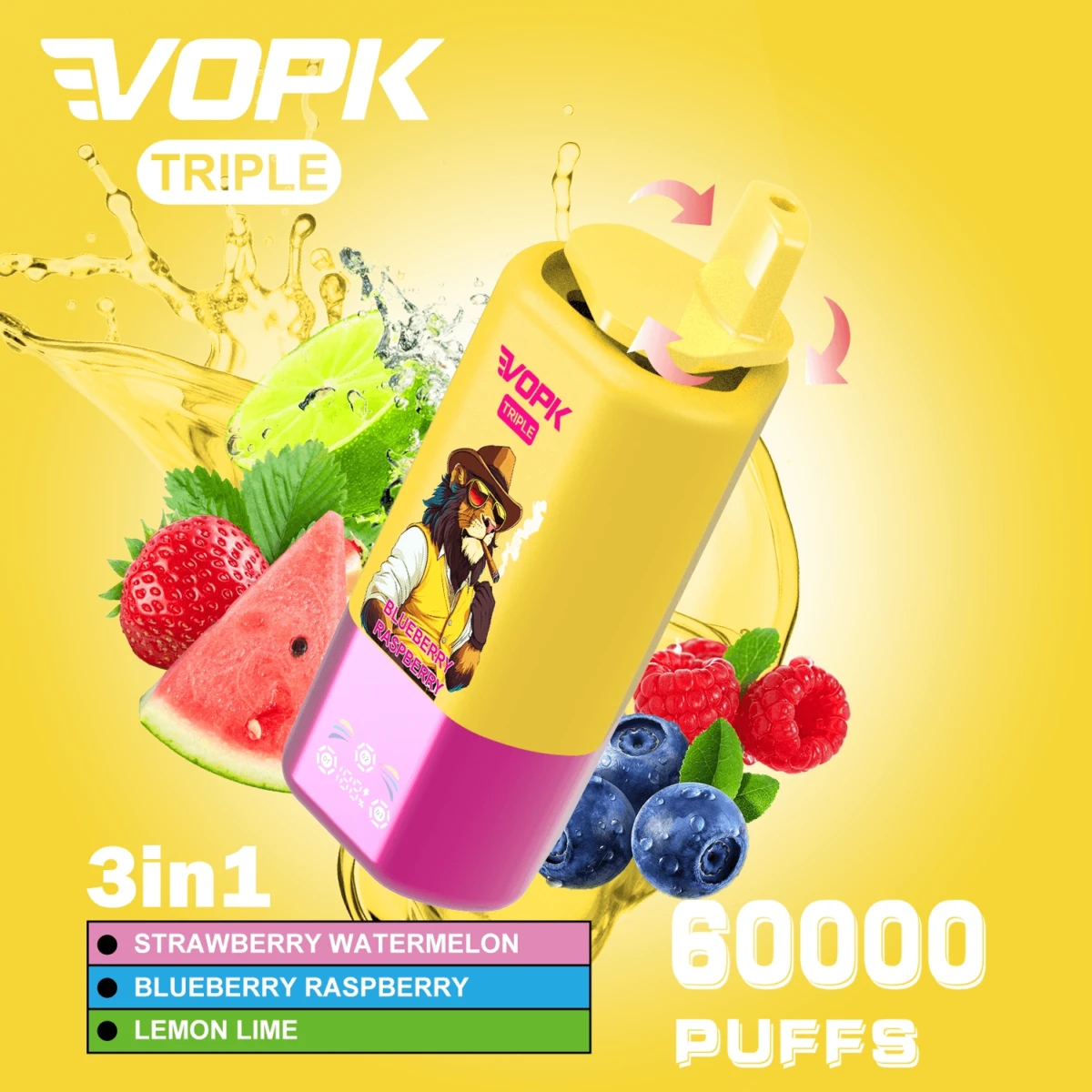 VOPK TRIPLE 60000 Puffs Disposable Vape, 3-in-1 Switch: Strawberry Watermelon Blueberry Raspberry Lemon Lime, Bulk Vape Wholesale
