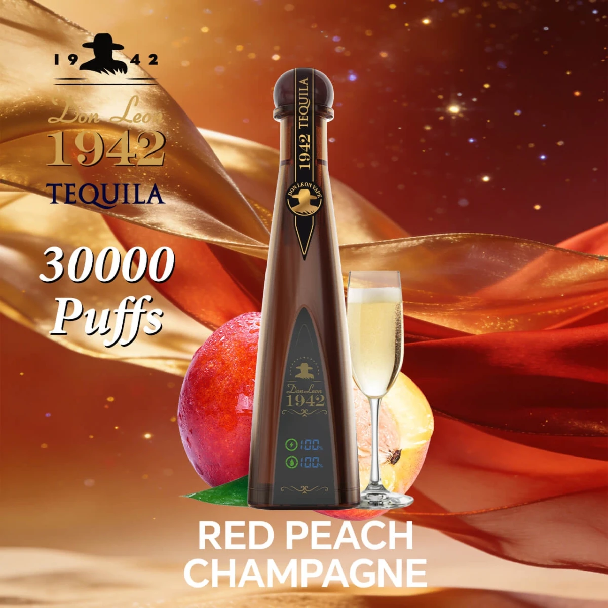 Don Leon 1942 tequila 30000 puffs red peach champagne disposable vape, tequila bottle design rechargeable bulk vape