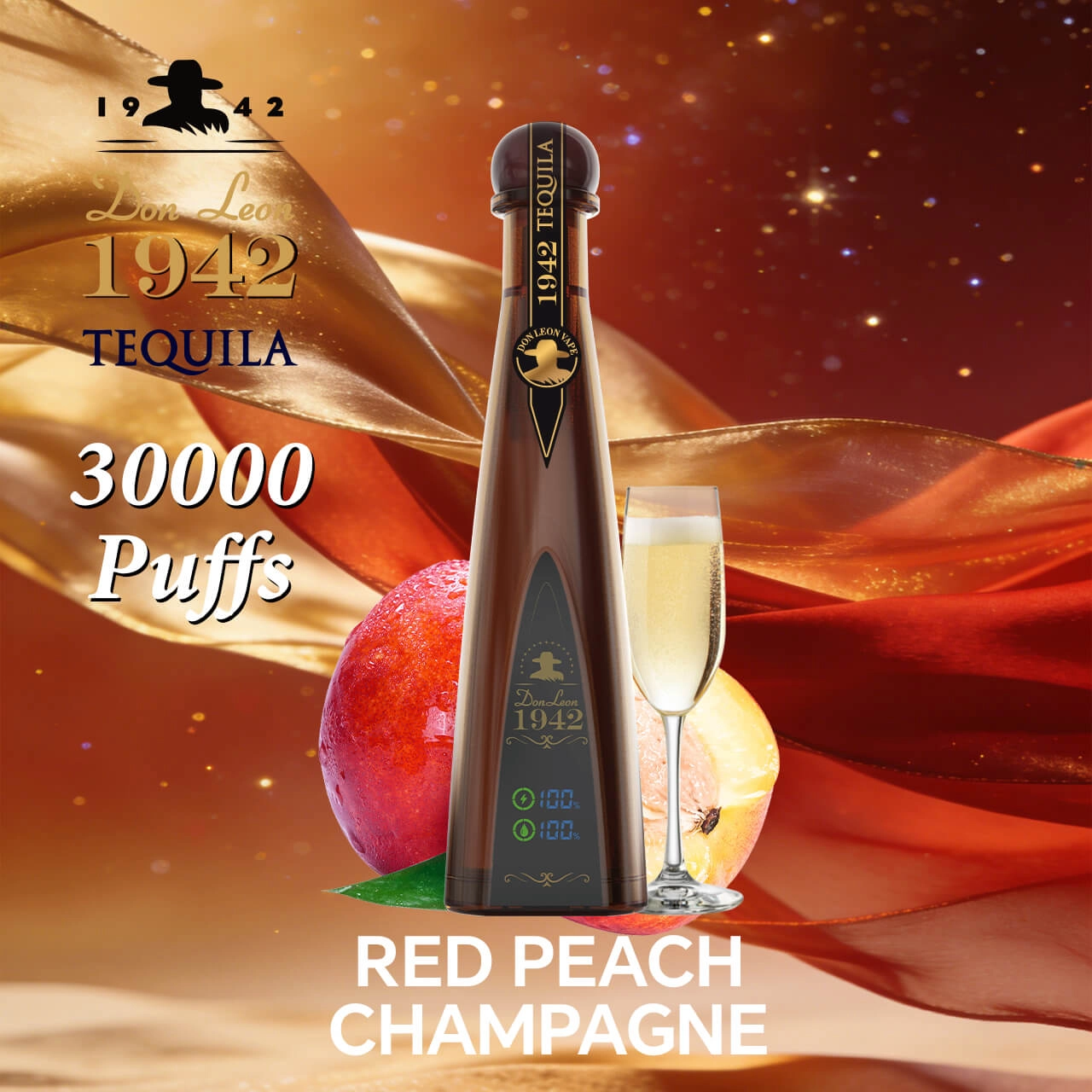 Don Leon 1942 tequila 30000 puffs red peach champagne disposable vape, tequila bottle design rechargeable bulk vape