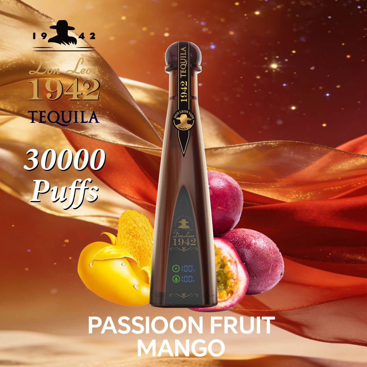 Don Leon 1942 tequila 30000 puffs passion fruit mango disposable vape, tequila bottle design rechargeable bulk vape