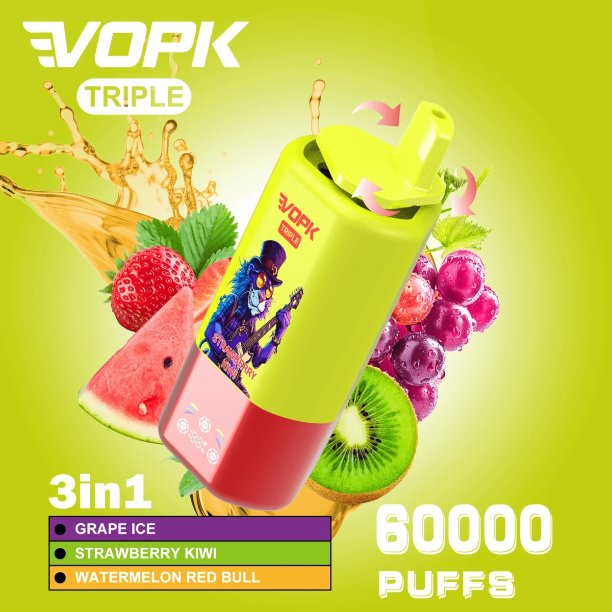 VOPK TRIPLE 60000 Puffs Disposable Vape, 3-in-1 Switch: Grape Ice Strawberry Kiwi Watermelon Red Bull, Bulk Wholesale Disposable E-Cig