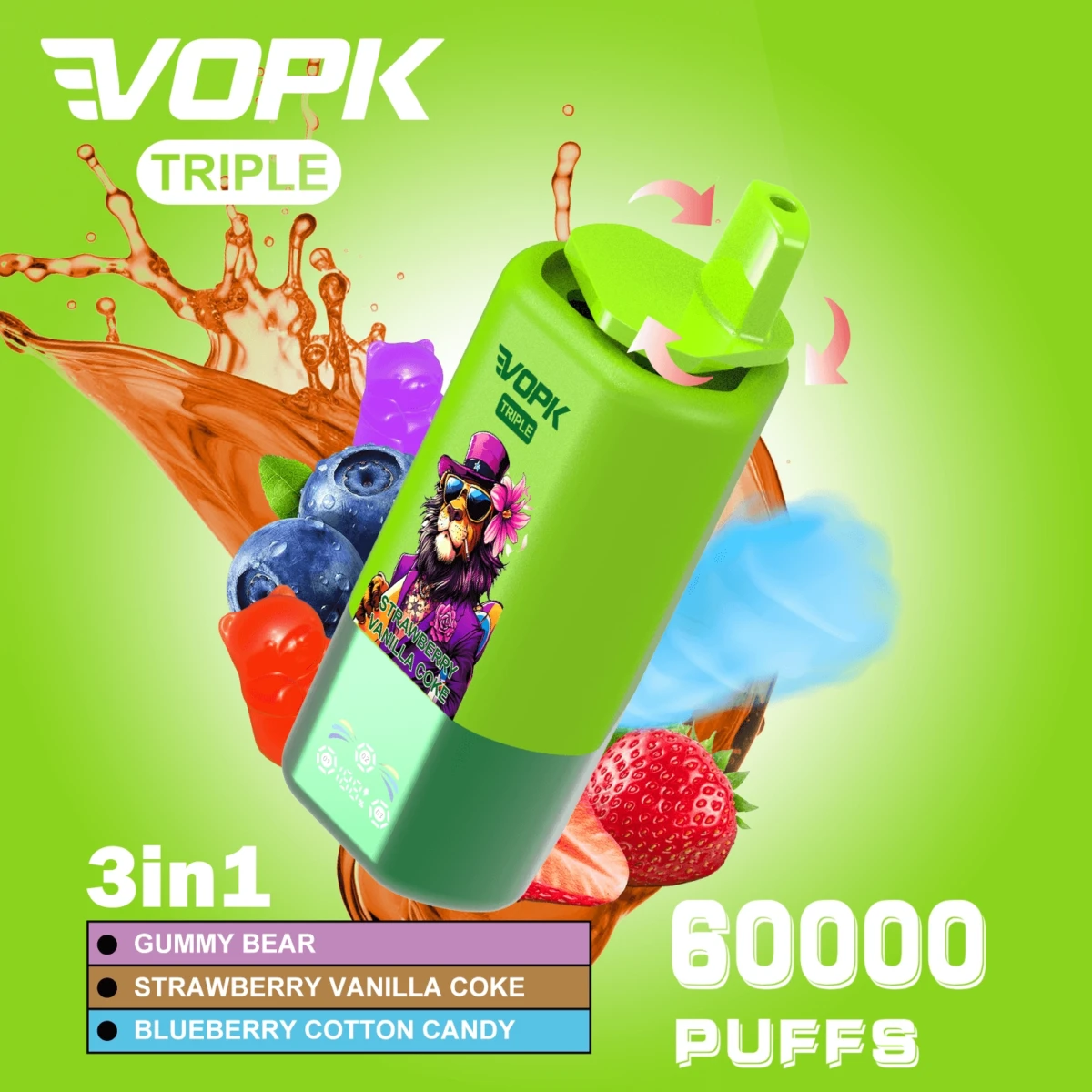 VOPK TRIPLE 60000 Puffs Disposable Vape, 3-in-1 Switch: Gummy Bear Strawberry Vanilla Coke Blueberry Cotton Candy, Bulk Vape Supply