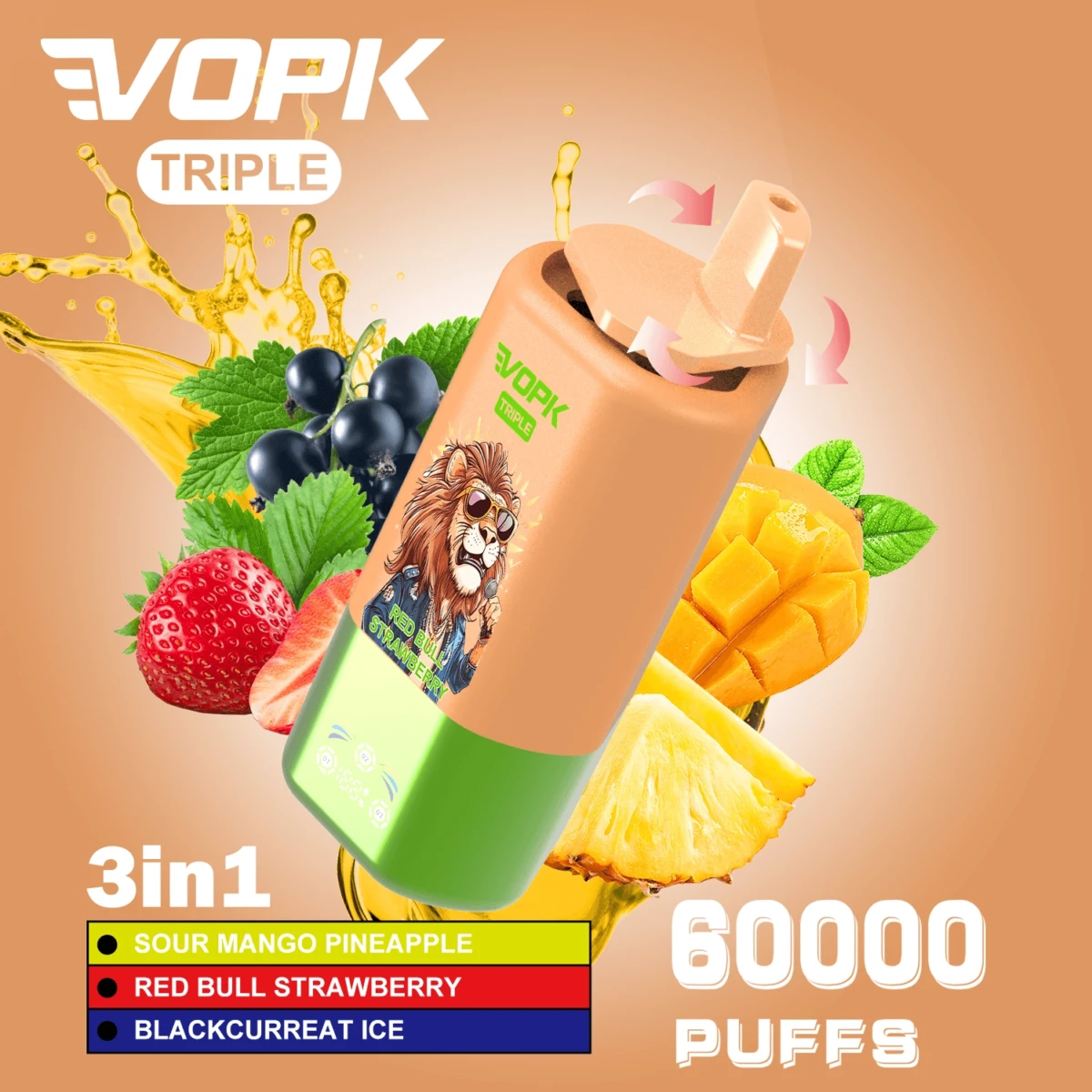 VOPK TRIPLE 60000 Puffs Disposable Vape, 3-in-1 Switch: Sour Mango Pineapple Red Bull Strawberry Blackcurrant Ice, Bulk E-Cigarette
